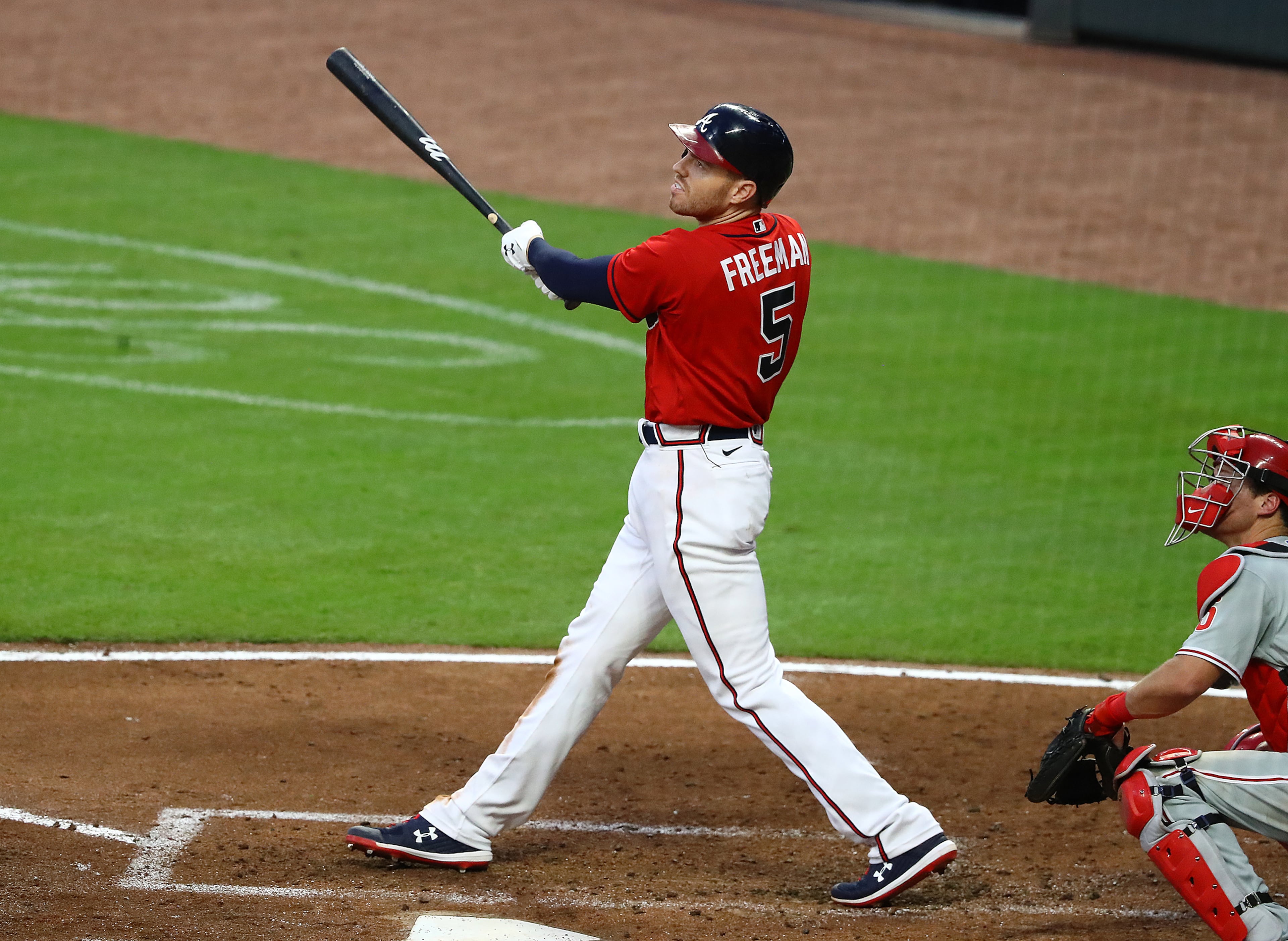Atlanta Braves' Freddie Freeman hits a 2-run double against the Philadelphia Phillies during the third inning in a MLB baseball game on Sunday, August 23, 2020 in Atlanta. Curtis Compton ccompton@ajc.com