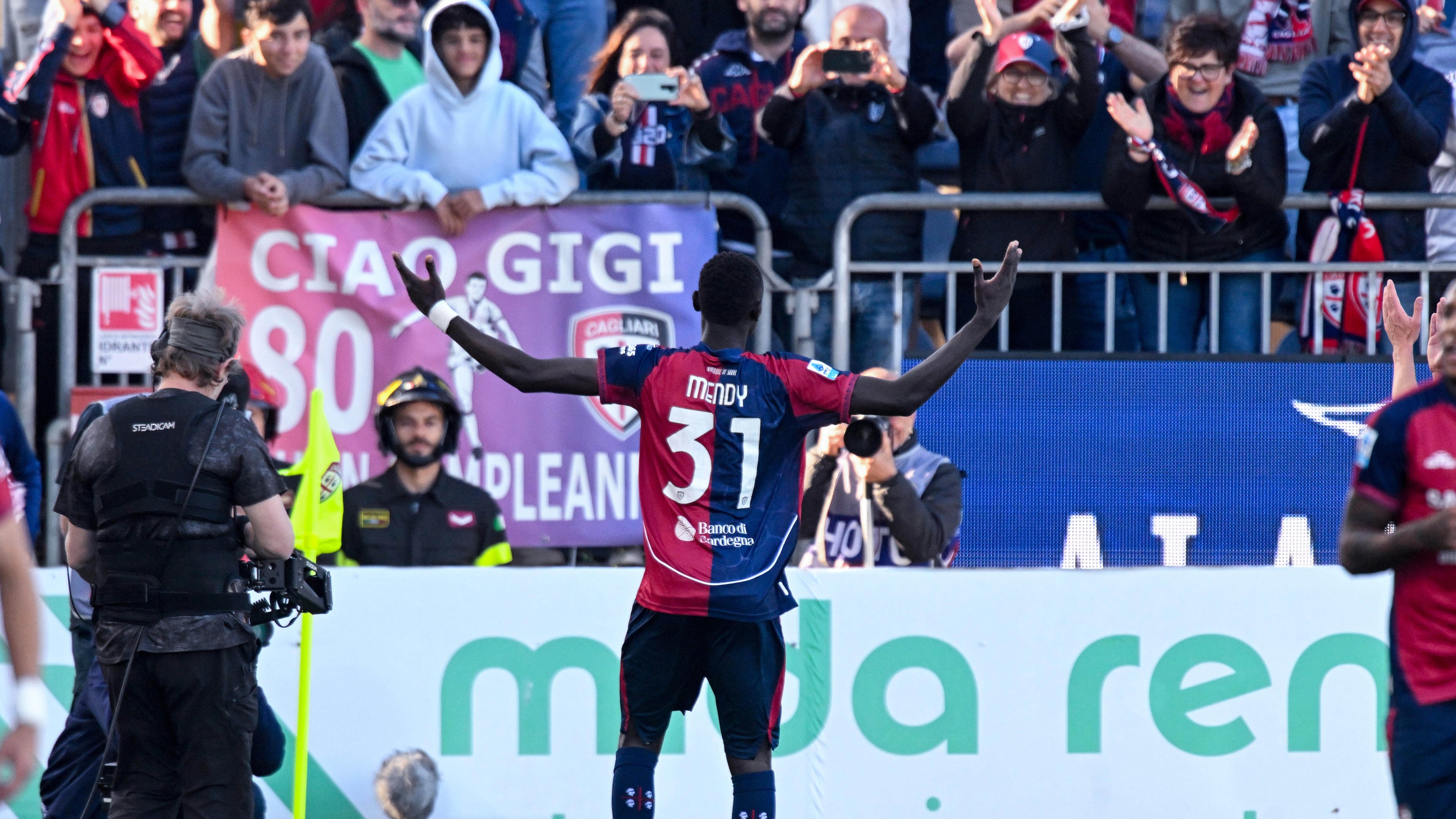 Cagliari's Paul Mendy celebrates after scoring during the Serie A soccer match between Cagliari and Atalanta, in Cagliari, Italy, Monday, April 27. (Gianluca Zuddas/LaPresse via AP)