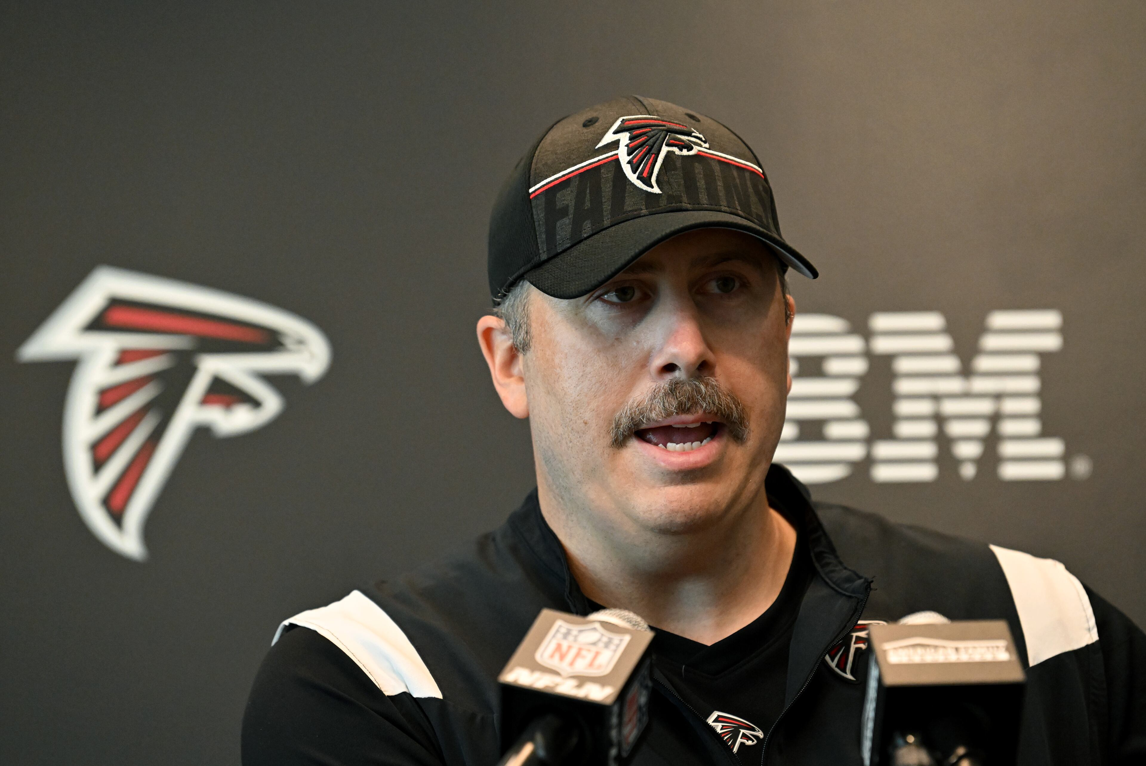 Atlanta Falcons head coach Arthur Smith speaks to the media before the first day of 2023 AT&T Atlanta Falcons Training Camp at Atlanta Falcons Corporate Headquarters and Training Facility, Wednesday, July 26, 2023, in Flowery Branch. (Hyosub Shin / Hyosub.Shin@ajc.com)