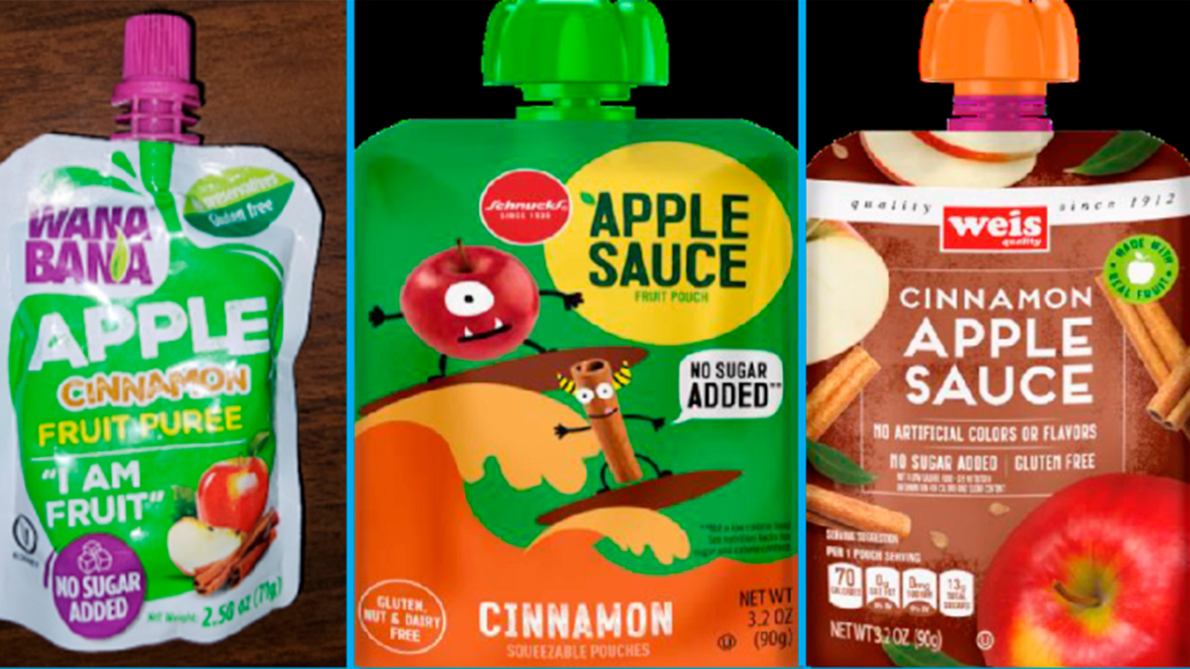 In an undated photo provided by the U.S. Food and Drug Administration, three recalled applesauce products — WanaBana apple cinnamon fruit puree pouches, Schnucks-brand cinnamon-flavored applesauce pouches and variety pack, and Weis-brand cinnamon applesauce pouches — that were manufactured in a plant in Ecuador and linked to lead poisoning in as many as 125 children. Concern about the poisoning cases has highlighted a broader gap in F.D.A. food oversight. (U.S. Food and Drug Administration via The New York Times) — NO SALES; EDITORIAL USE ONLY —