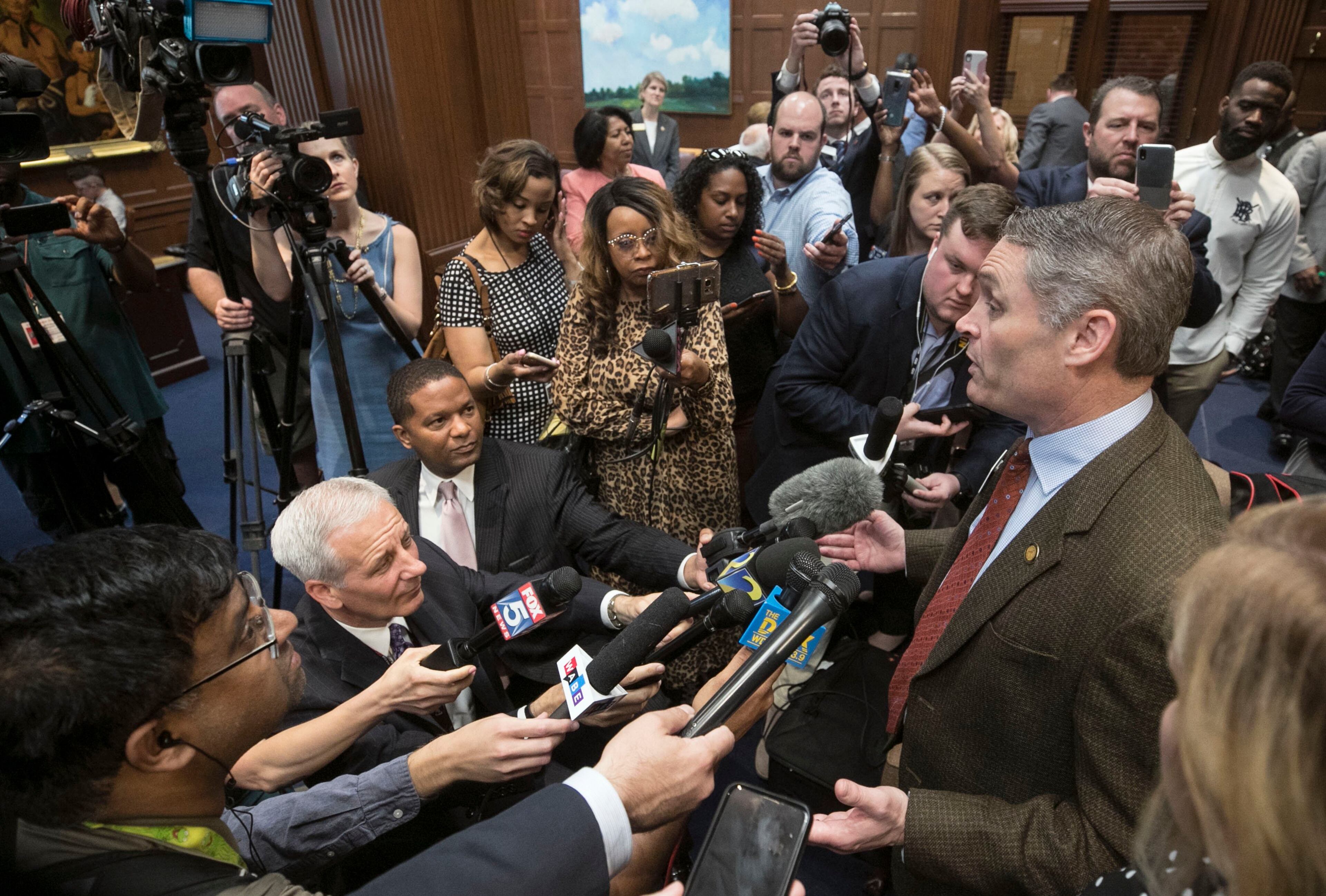 May 7, 2019 - Atlanta - Rep. Ed Setlzer, R-Acworth, answers questions from the media after the signing. Gov. Brian Kemp signed HB 481, the "heartbeat bill" on Tuesday, setting the stage for a legal battle as the state attempts to outlaw most abortions after about six weeks of pregnancy. The bill, sponsored by Rep. Ed Setlzer, R-Acworth, and carried in the Senate by Sen. Renee Unterman, R - Buford, outlaws most abortions once a doctor can detect a fetus' heartbeat - usually around six weeks of pregnancy. Bob Andres / bandres@ajc.com