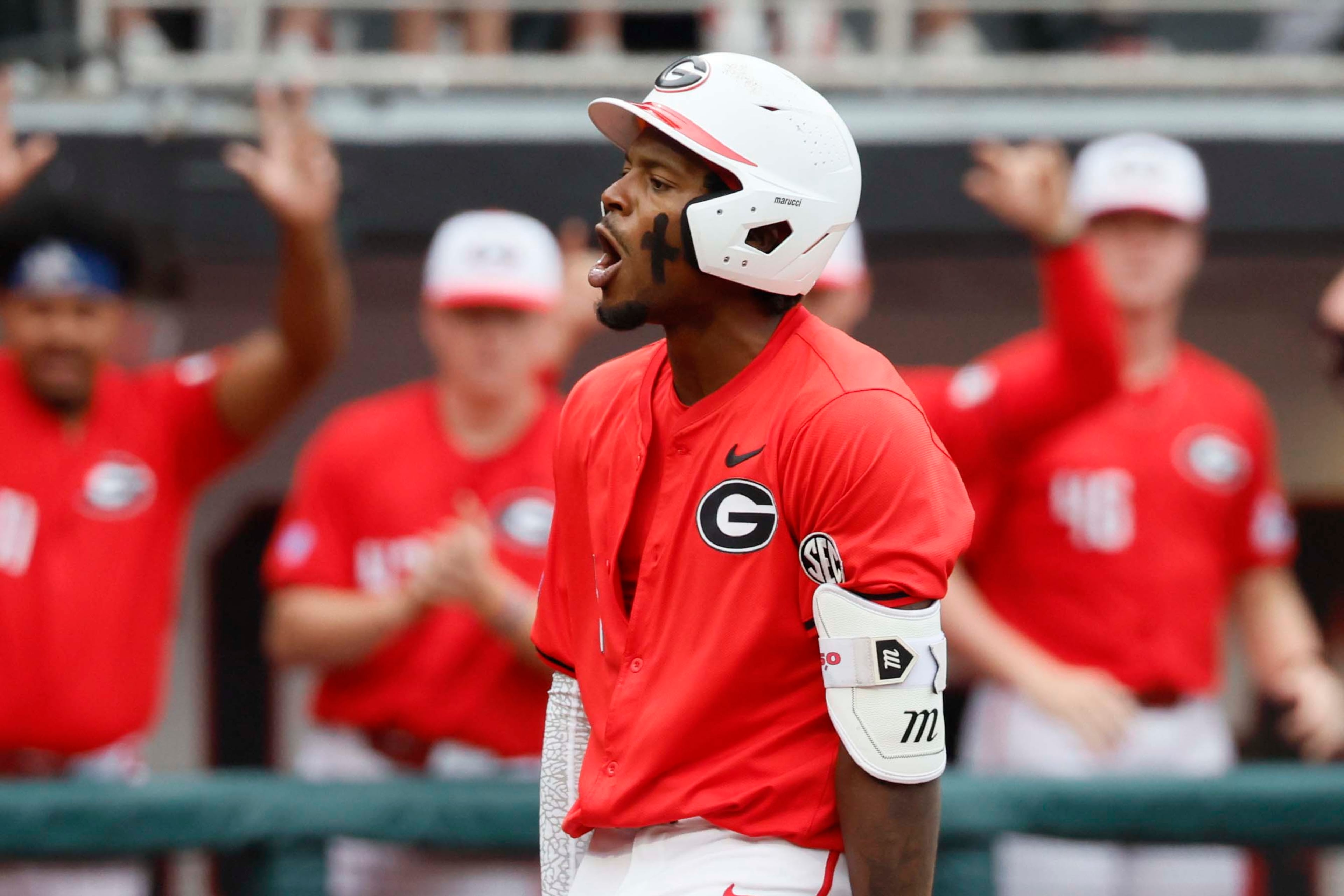 Georgia Bulldogs infielder Tre Phelps (1) celebrates after hitting a two-run home run in the sixth inning of their NCAA Regional final game at Foley Field on Sunday, May 31, 2026, in Athens. (Miguel Martinez/AJC)