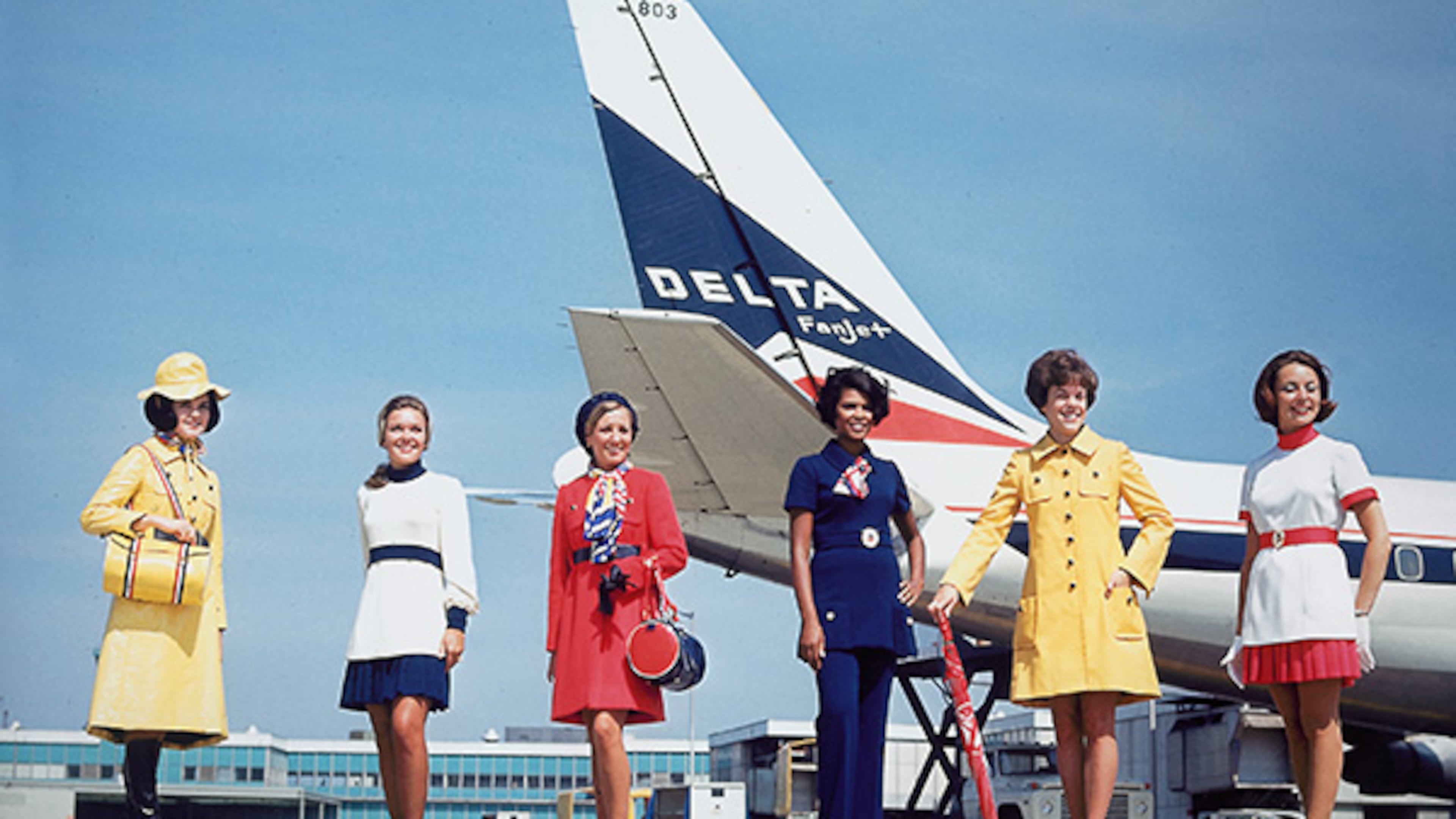 The 1970s brought about significant changes in Delta's flight attendant uniforms — pants. Also, hats were no longer required. (Courtesy of the Delta Flight Museum)