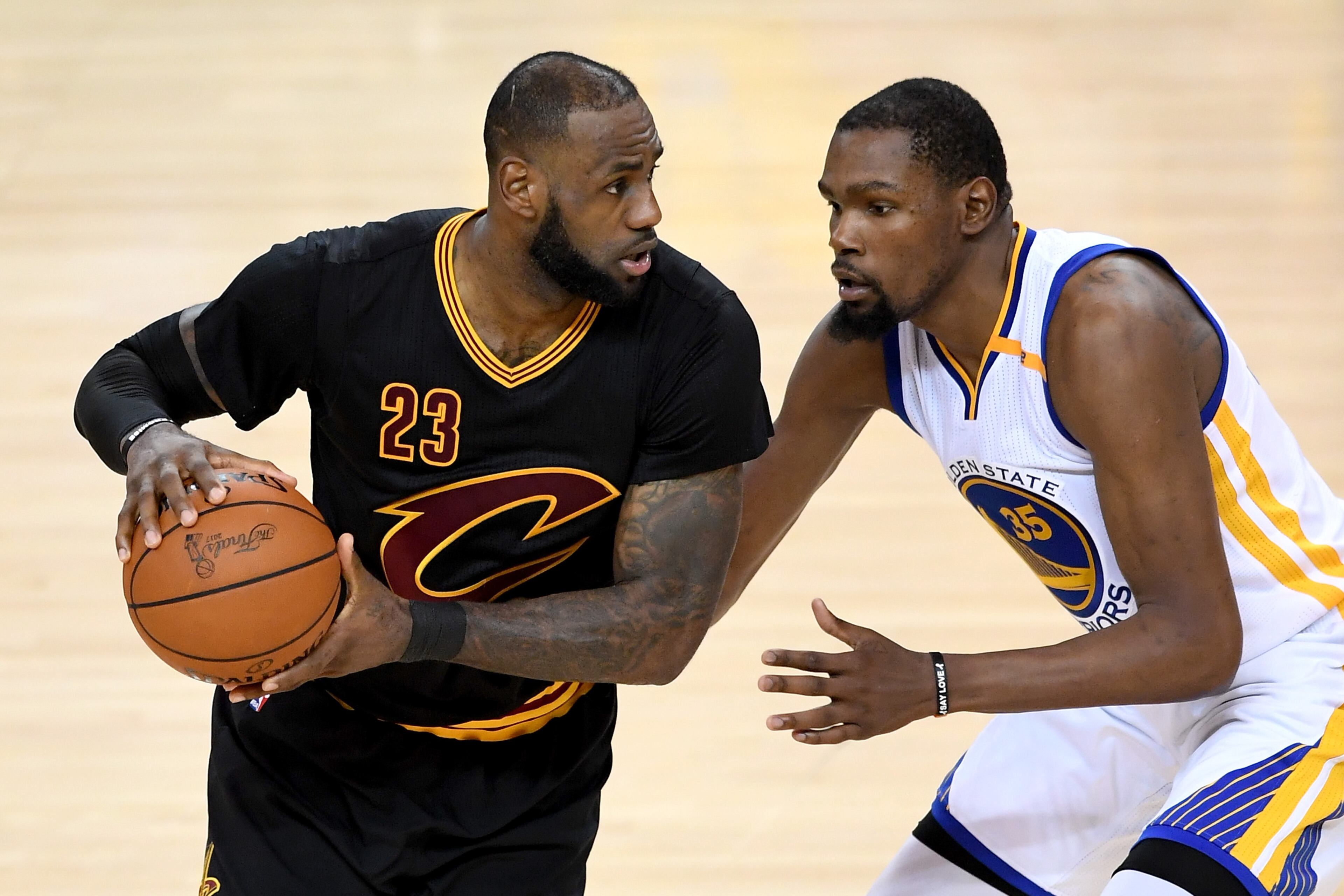 LeBron James drives against Kevin Durant during Game 5 of the 2017 NBA Finals at ORACLE Arena on June 12, 2017 in Oakland, California.