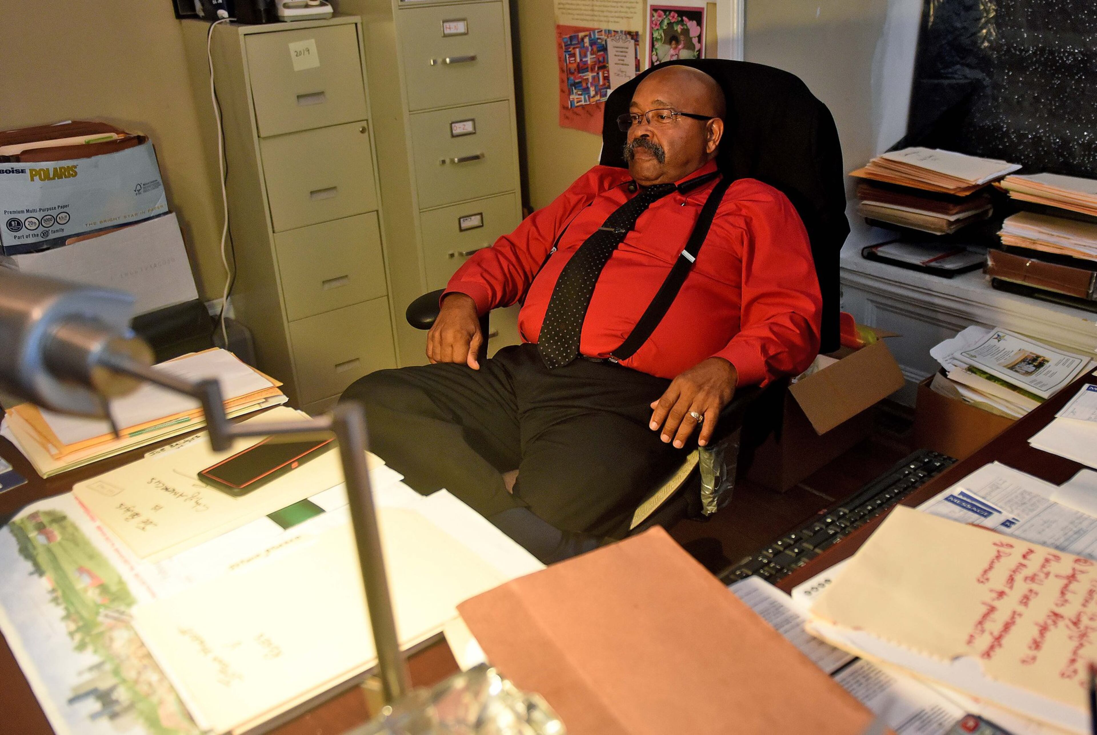 October 1, 2019 Americus - Mathis Kearse Wright Jr., who sued the Sumter County school board, sits in his office located in downtown Americus. (Ryon Horne/RHORNE@AJC.COM)