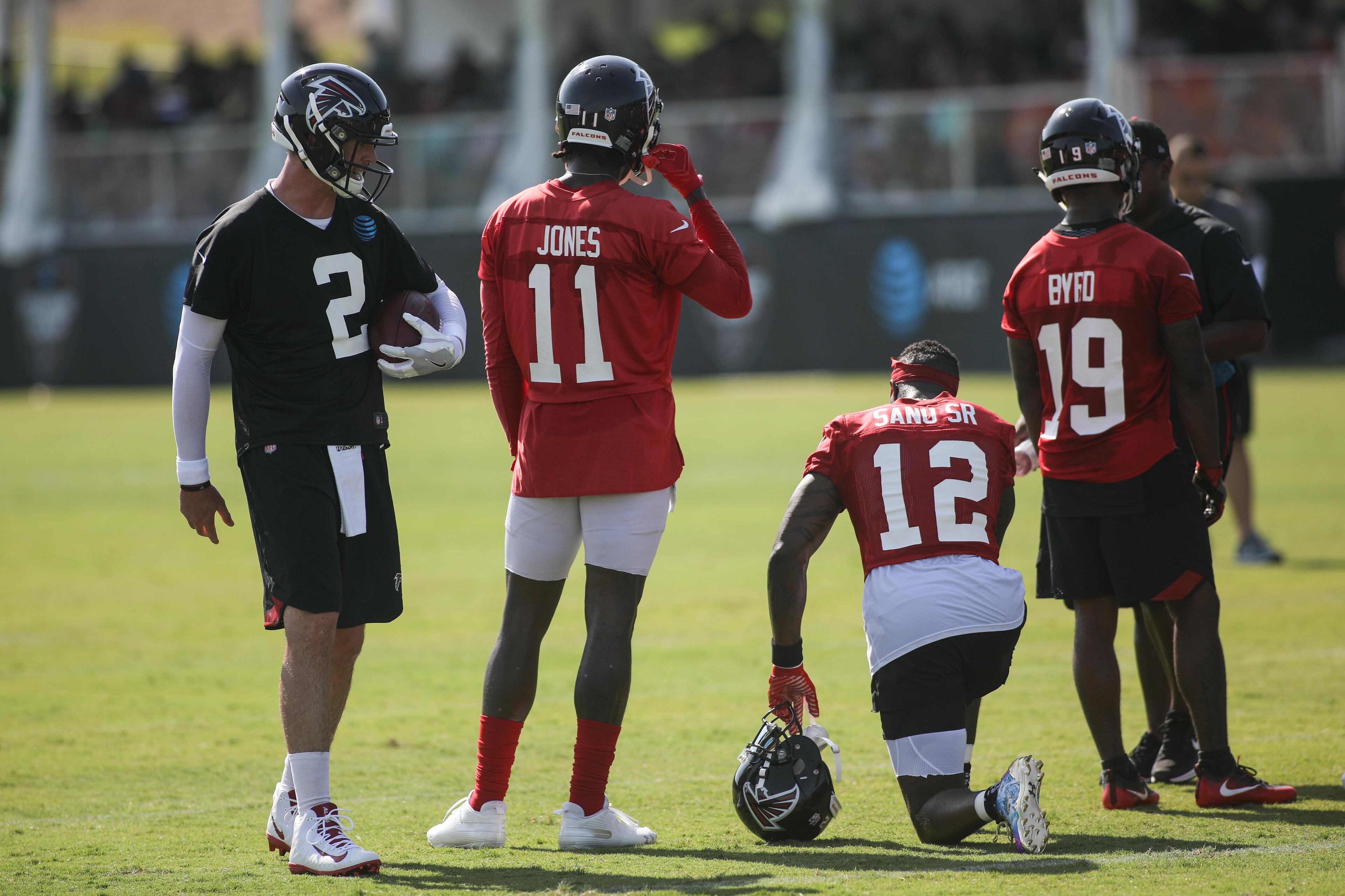 Quarterback Matt Ryan (2), wide receiver Julio Jones (11), wide receiver Mohamed Sanu (12) and wide receiver Dontez Byrd (19) during training camp, Saturday, July 28, 2018, in Flowery Branch, Ga. BRANDEN CAMP/SPECIAL