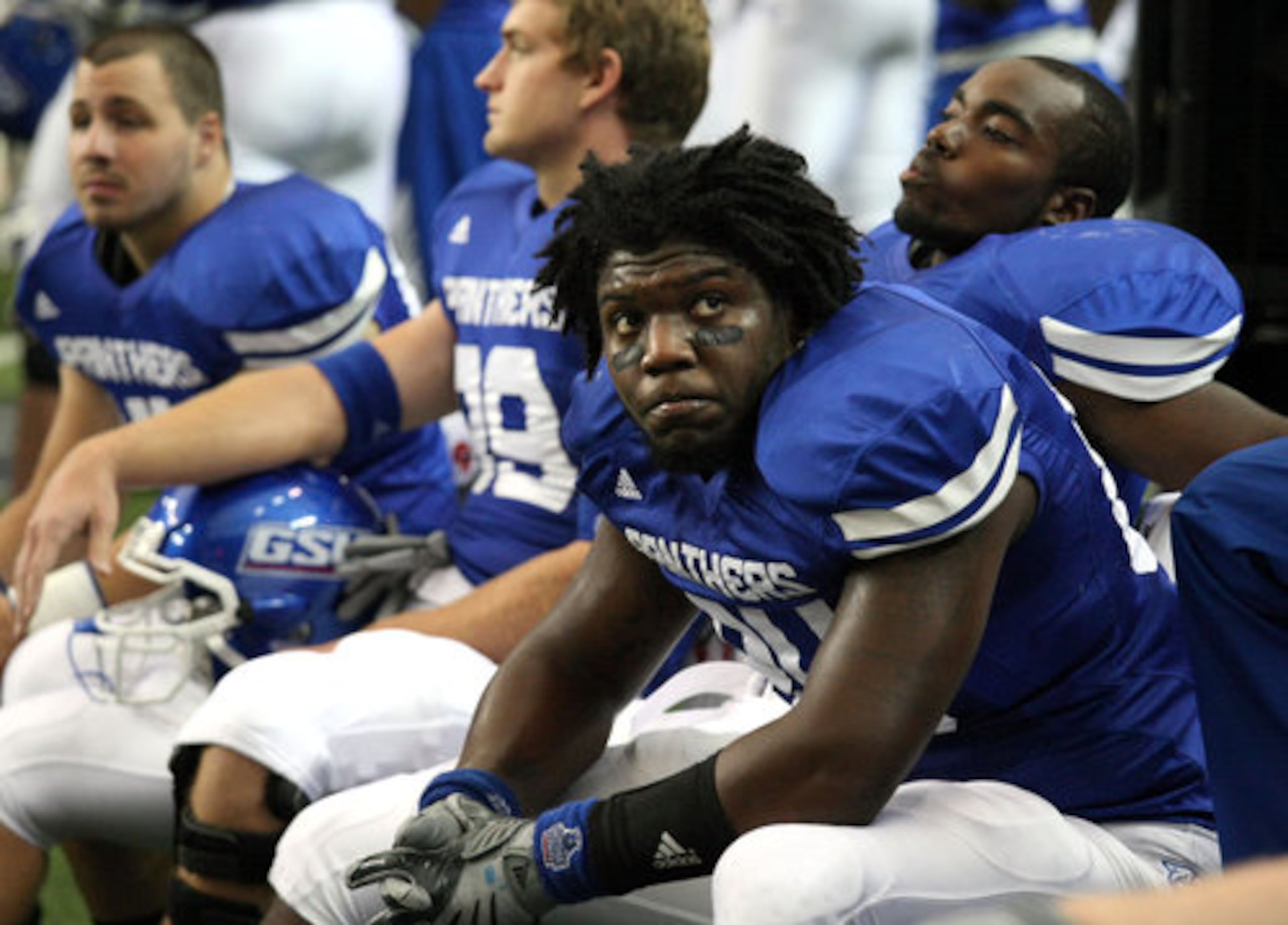 Georgia State University tight end Arthur Williams (84) can only watch from the sideline as Lambuth runs out the clock during GSU's first loss ever to Lambuth 23-14 Saturday afternoon at the Georgia Dome in Atlanta, Ga., Sept. 11, 2010.