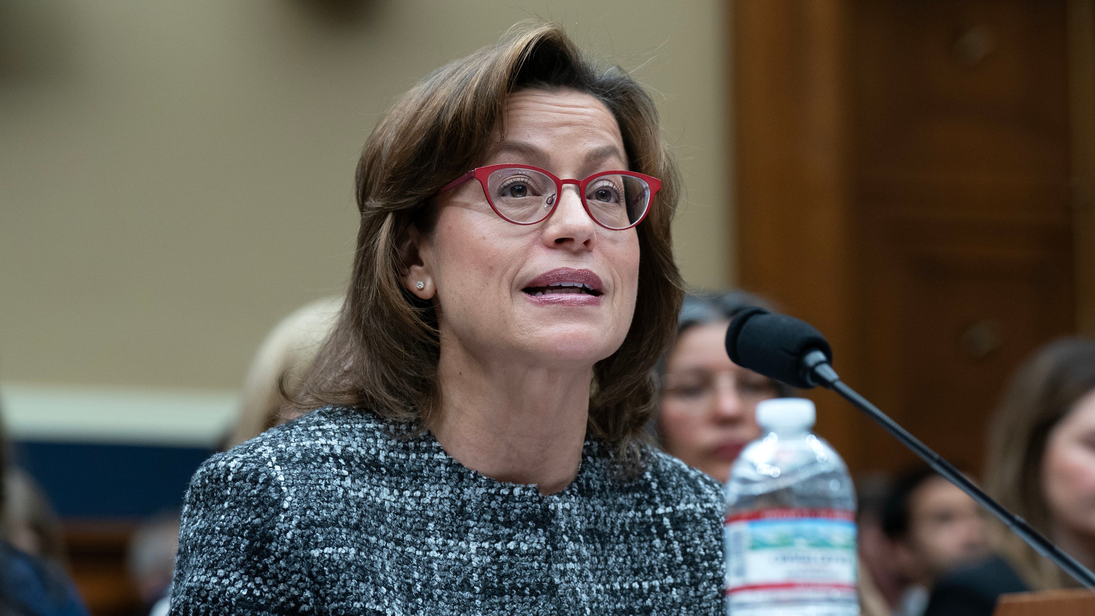 FILE - Anna Gomez, Commissioner, Federal Communications Commission, testifies on Capitol Hill in Washington, Jan. 14, 2026. (AP Photo/Jose Luis Magana, File)
