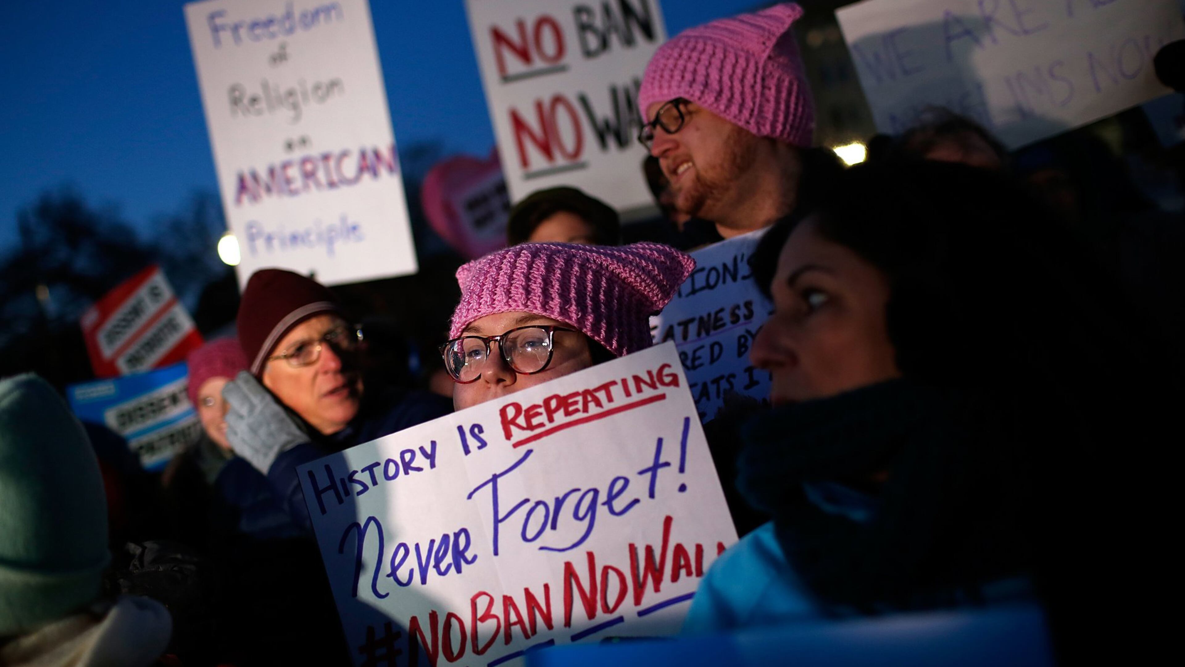 WASHINGTON, DC - JANUARY 30: Protesters demonstrate against U.S. President Donald Trump’s recent executive order on immigration outside the U.S. Supreme Court January 30, 2017 in Washington, DC. Members of Congress joined refugees, immigrants and members of the Washington DC community in protesting the Trump administration’s recent executive order banning immigration from seven predominantly Muslim countries. (Photo by Win McNamee/Getty Images)