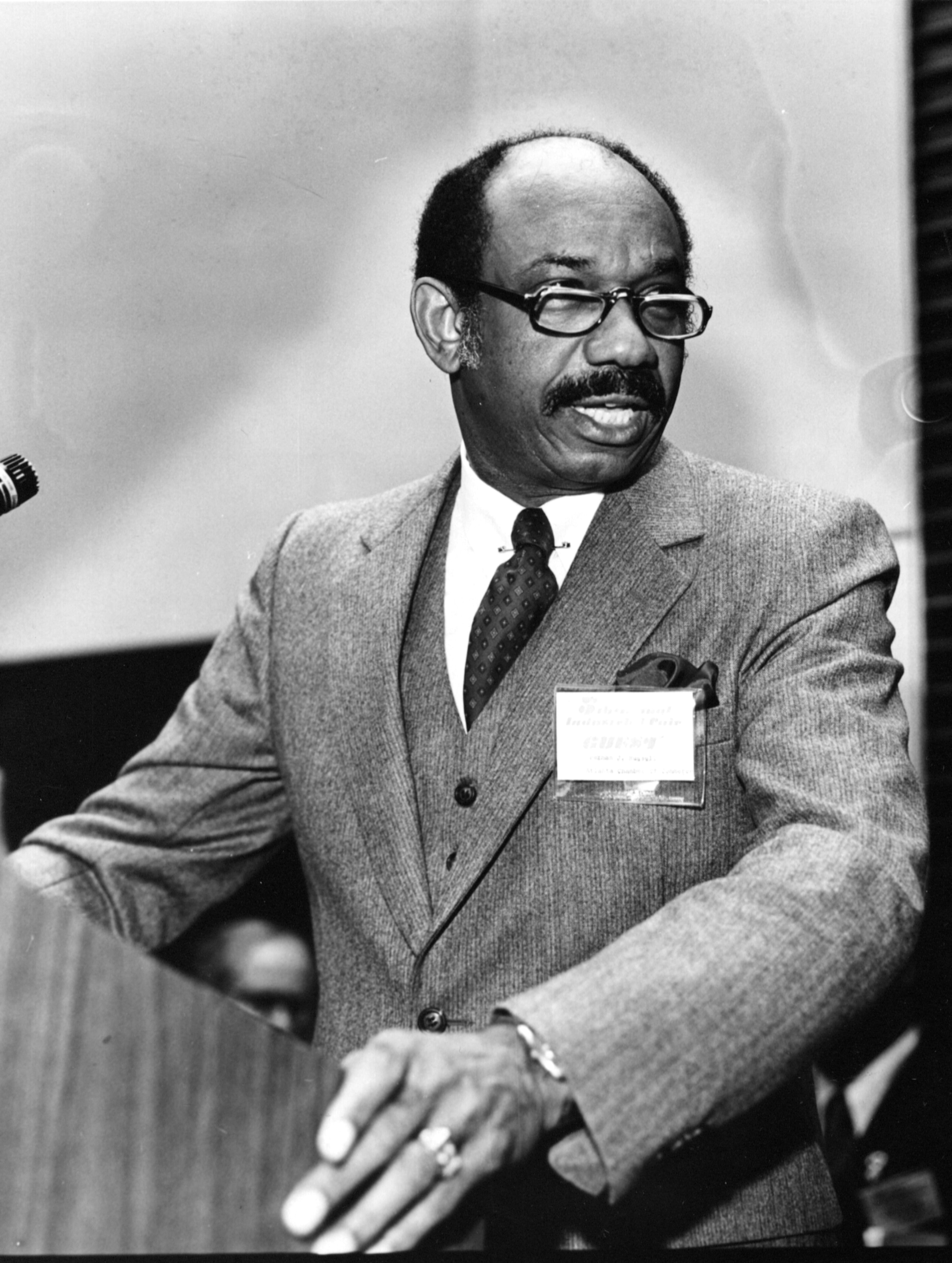 Herman J. Russell speaking before the opening of the 5th annual Minority Industrial Trade Fair in 1981.