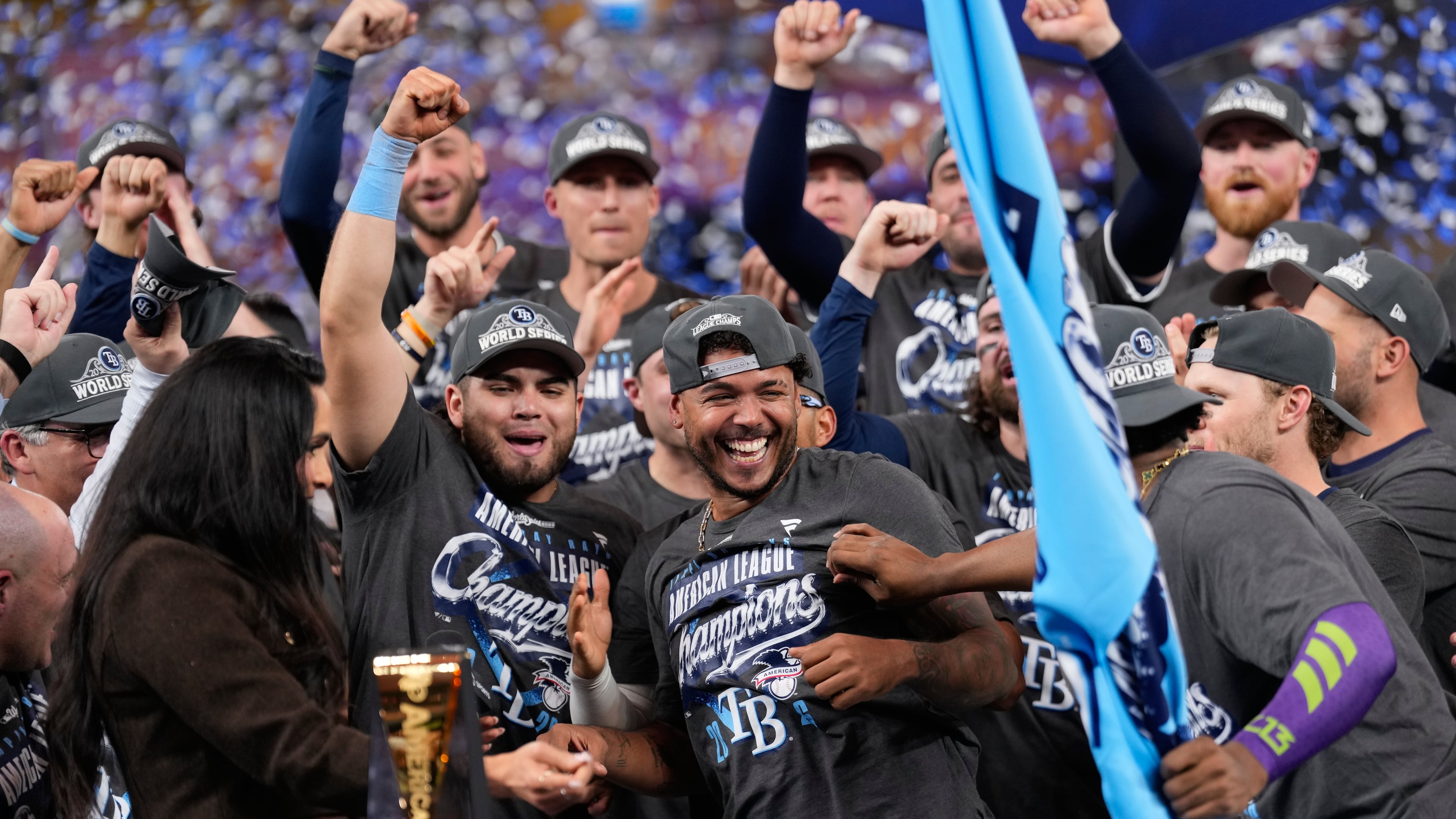 Tampa Bay Rays pitcher Freddy Peralta celebrates after their win against the Cleveland Guardians in Game 6 of an American League Championship Series baseball game in St. Petersburg, Fla. Monday, Oct. 19, 2026. (AP Photo/David J. Phillip)