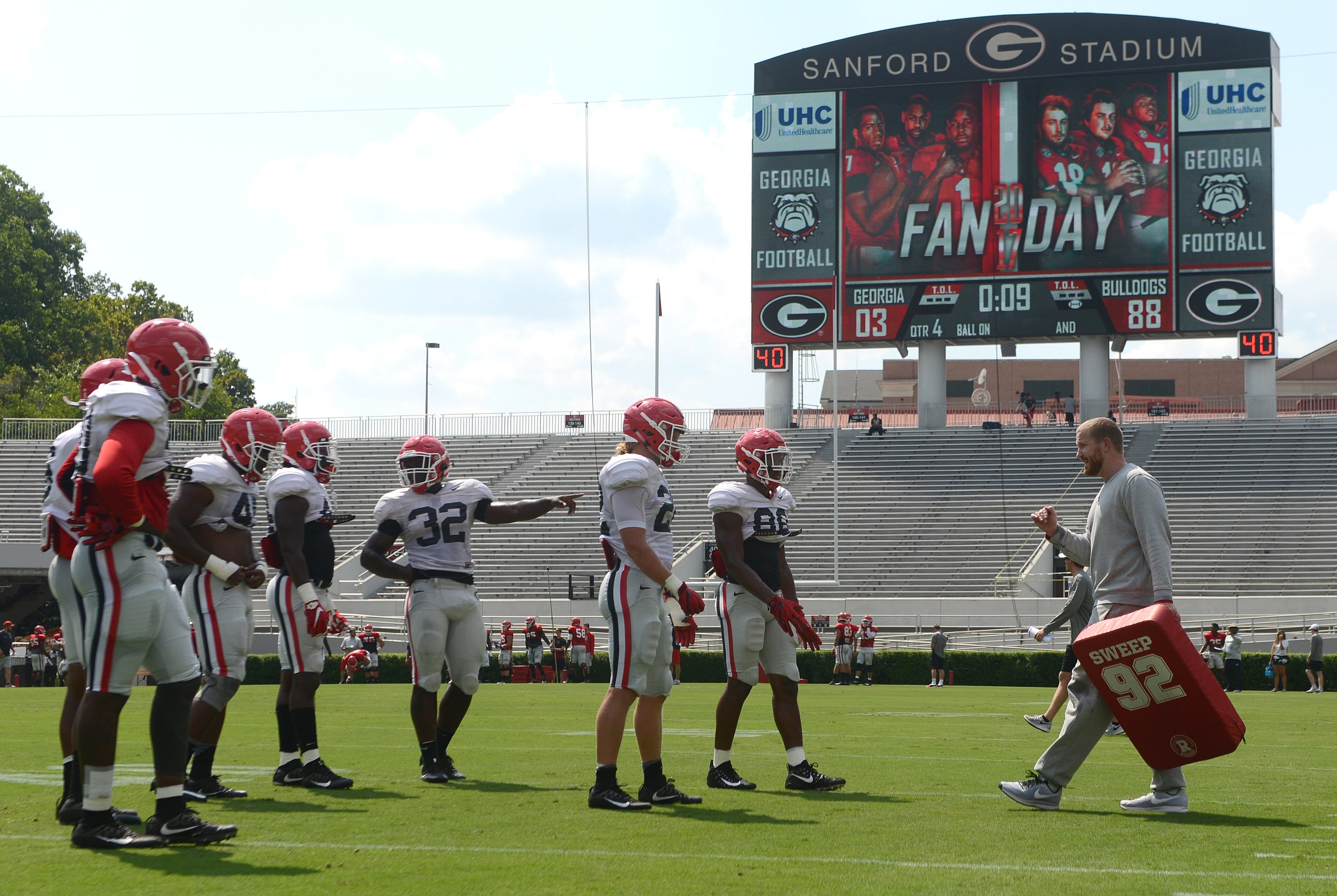 The Georgia inside line runs a few drills during the annual UGA Fan Day at Sanford Stadium on Saturday, Aug 5, 2017 in Athens, Ga.
(RICHARD HAMM)