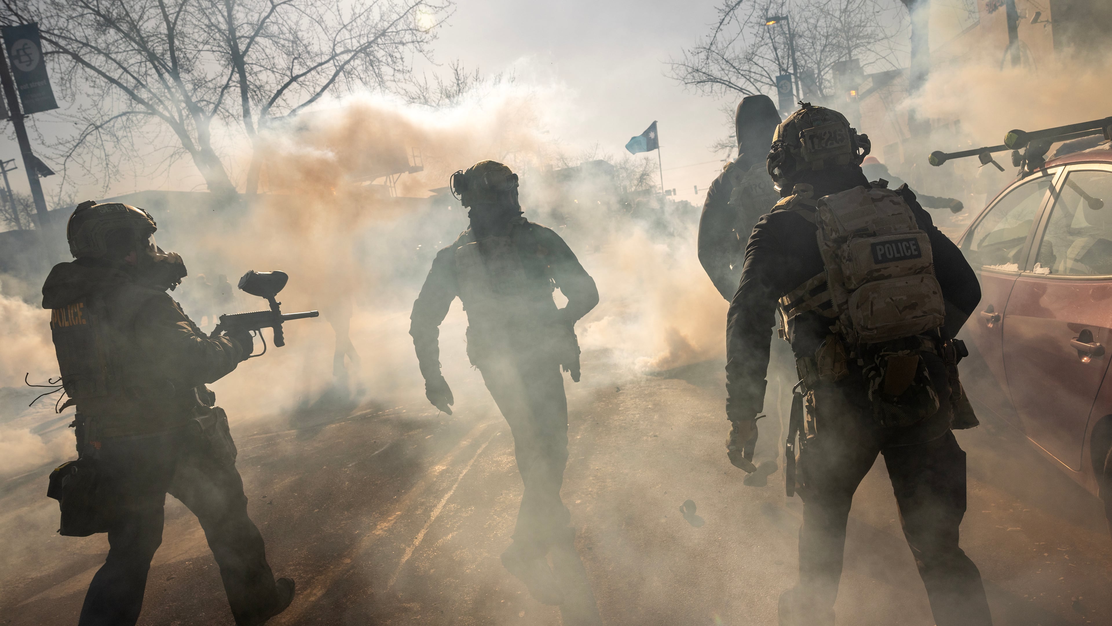 Federal agents deploy tear gas as they confront protestors in Minneapolis, near the intersection of 26th Street and Nicollet Avenue in Minneapolis, where federal law enforcement agents shot a person earlier on Saturday, Jan. 24, 2026. The shooting two weeks after an ICE agentÕs killing of Renee Good prompted escalating clashes between law enforcement and protesters. (David Guttenfelder/The New York Times)