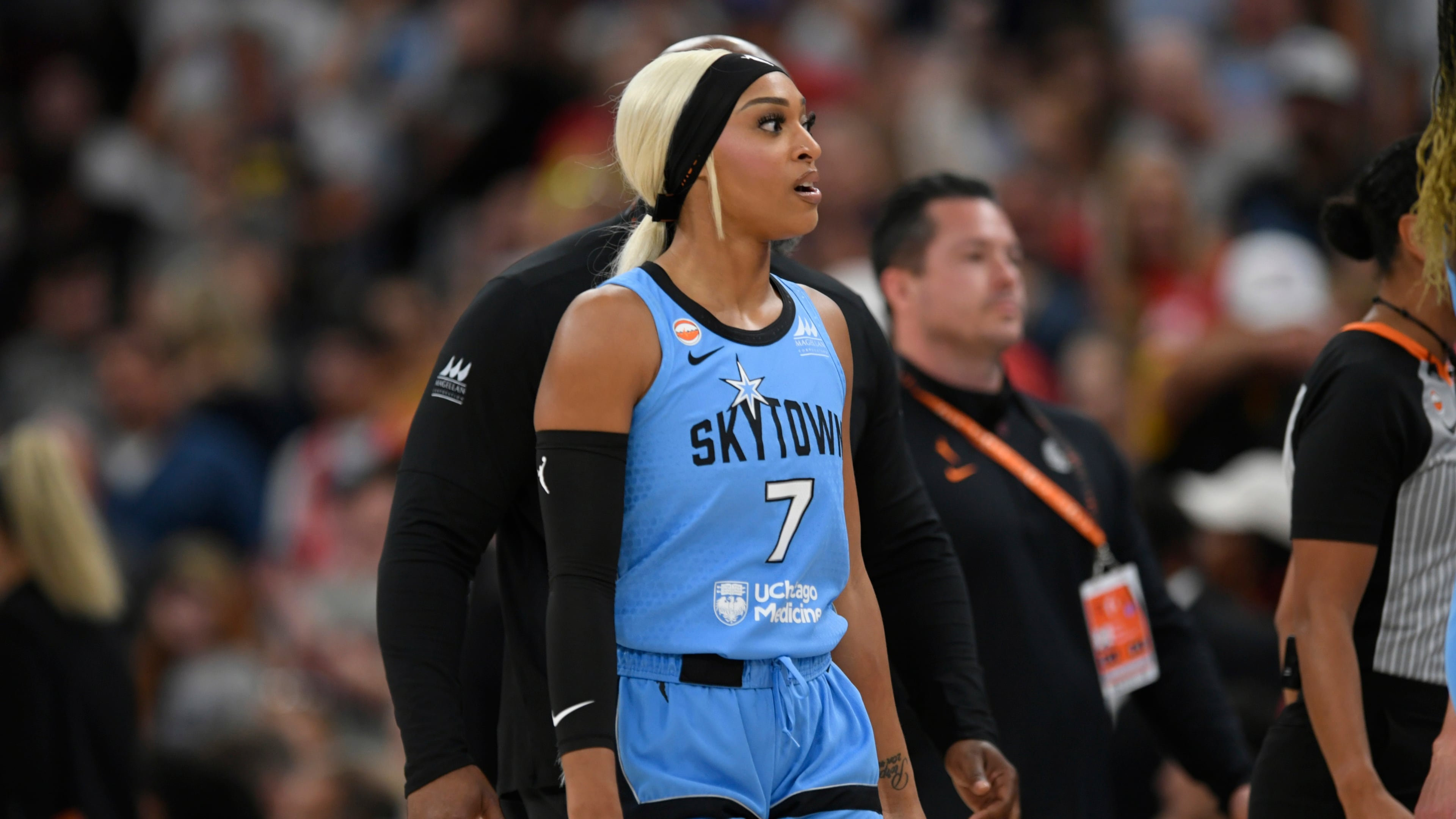 Chicago Sky's DiJonai Carrington walks off the court ejected from the game for committing a flagrant foul against Indiana Fever's Sophie Cunningham during the first half of an WNBA basketball game in Chicago, Saturday, Aug. 8, 2026. (AP Photo/Paul Beaty)
