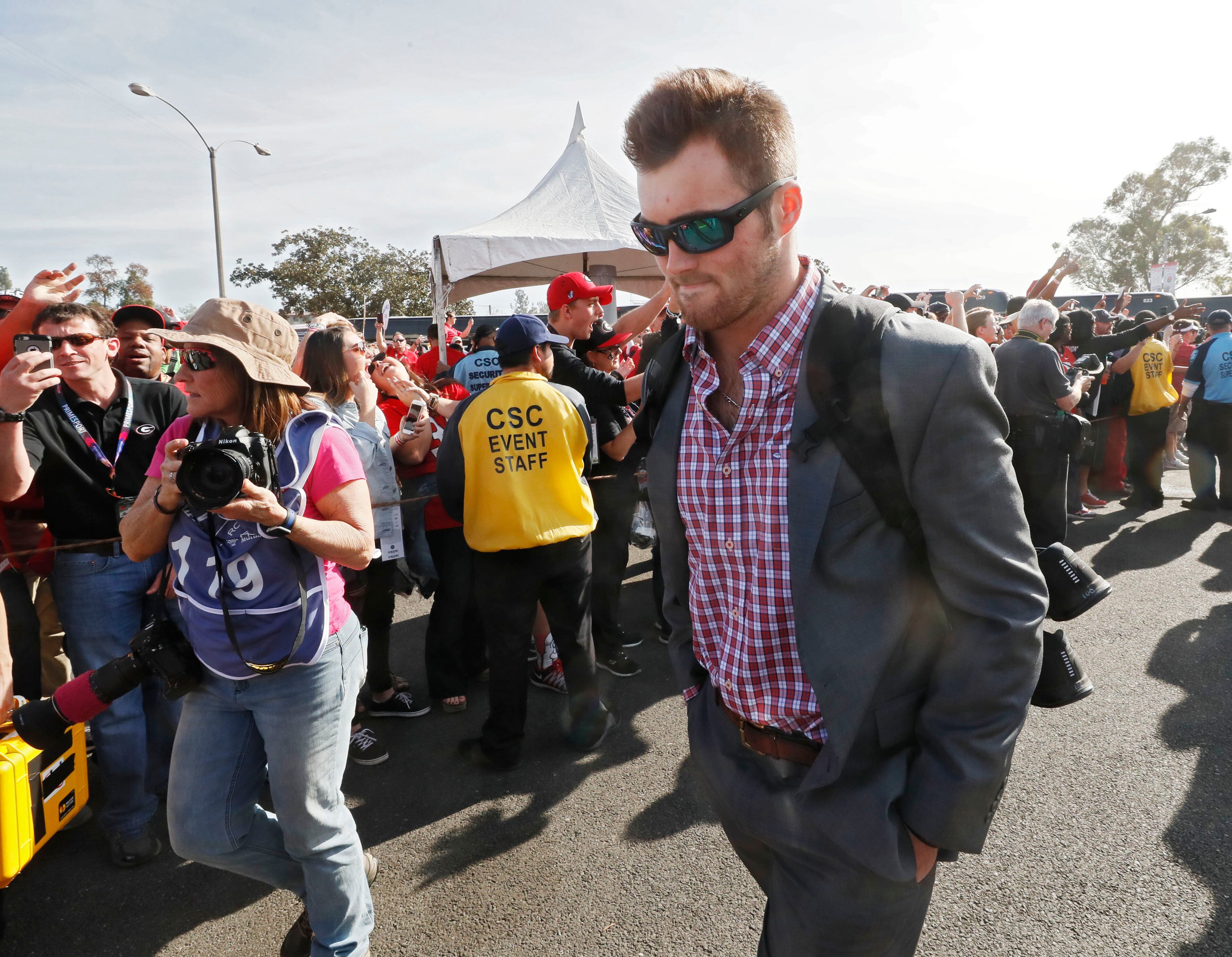 1/1/18 - Pasadena - Georgia Bulldogs quarterback Jake Fromm (11) arrives at the College Football Playoff Semifinal at the Rose Bowl Game on Monday, January 1, 2018, in Pasadena. BOB ANDRES /BANDRES@AJC.COM