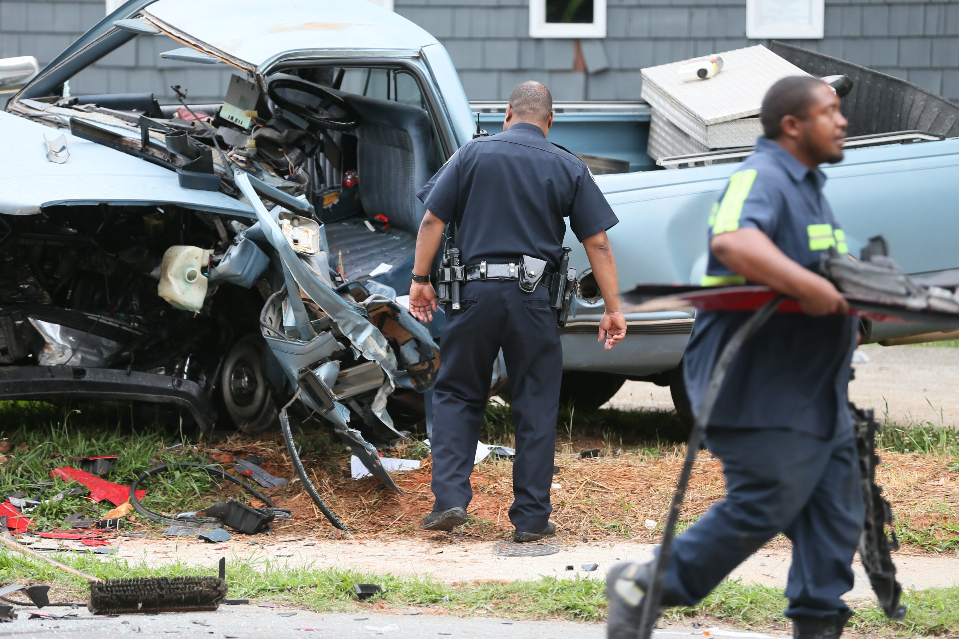 All lanes of Moreland Avenue were blocked Friday morning after a wreck involving an off-duty police officer. The MARTA officer was injured in the crash, which happened about 7 a.m. in the 600 block of Moreland near Pendleton Street, south of Glenwood Avenue. JOHN SPINK/JSPINK@AJC.COM