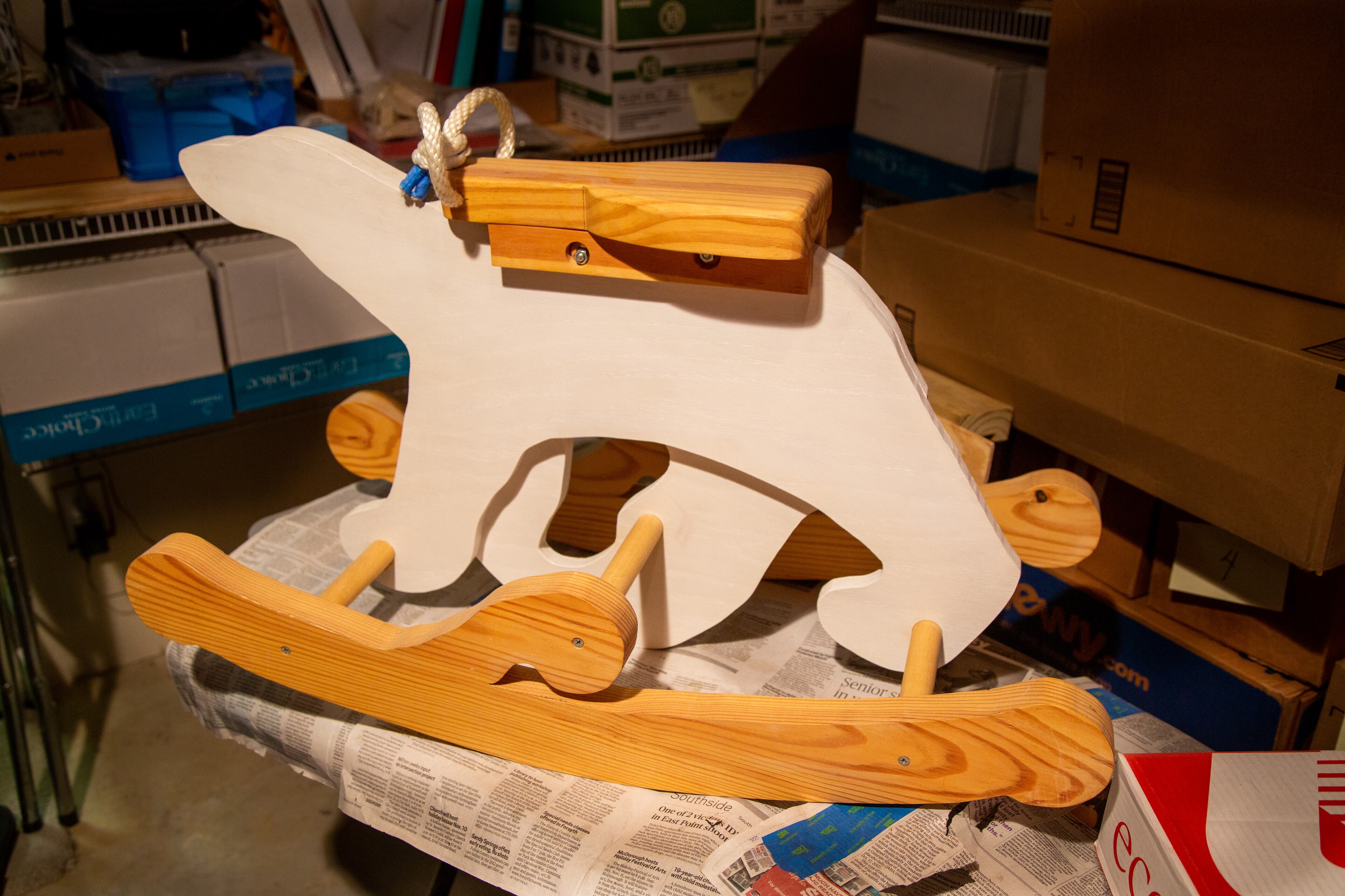 One of Dr Jon Saulson's favorite woodworking creations is this Polar Bear rocker. When Saulson retired as an educator he got into woodworking making toys, puzzles games, figurines and art out of wood. PHIL SKINNER FOR THE ATLANTA JOURNAL-CONSTITUTION.
