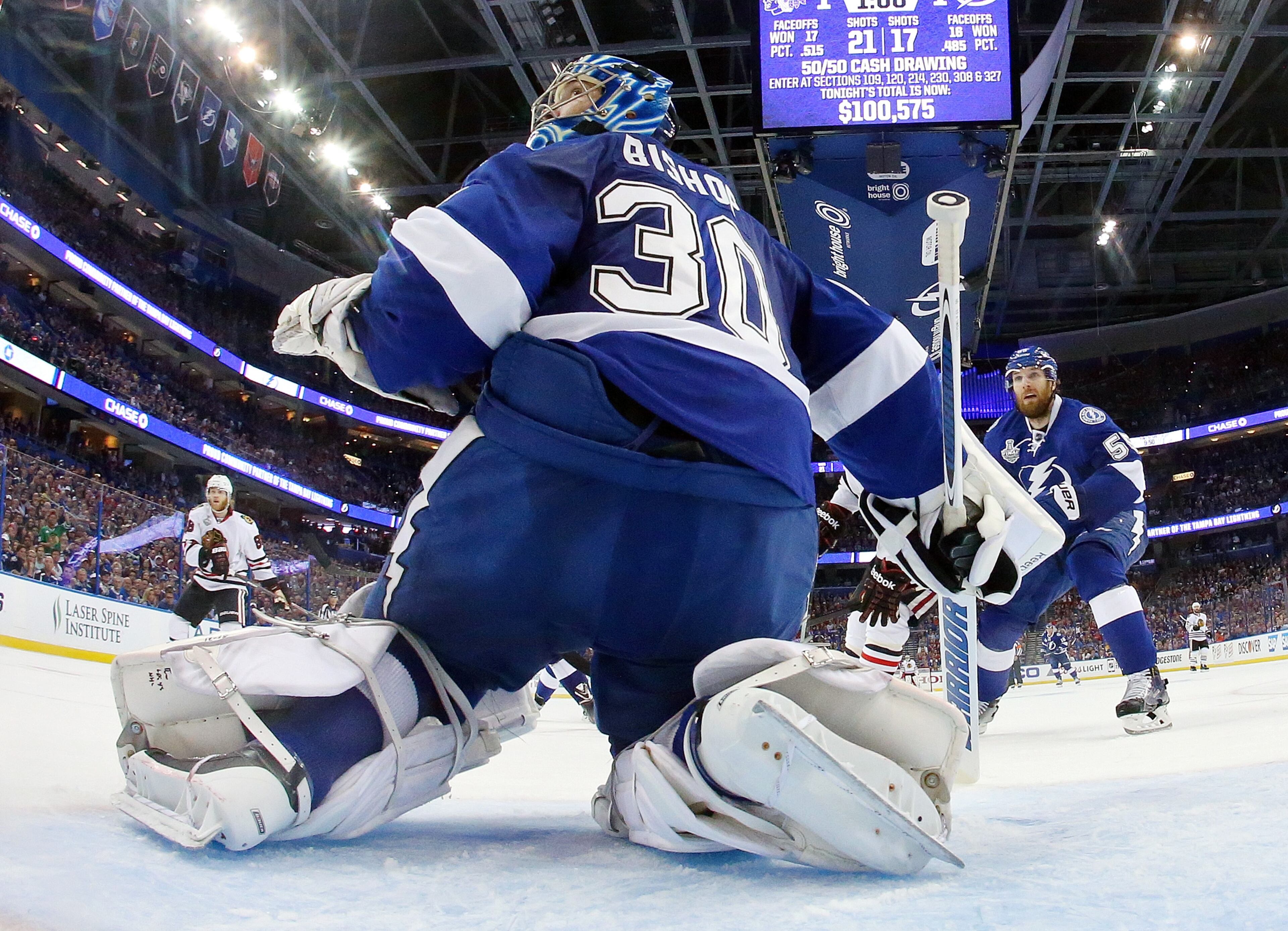 TAMPA, FL - JUNE 13: Ben Bishop #30 of the Tampa Bay Lightning tends goal against the Chicago Blackhawks during Game Five of the 2015 NHL Stanley Cup Final at Amalie Arena on June 13, 2015 in Tampa, Florida. (Photo by Bruce Bennett/Getty Images)