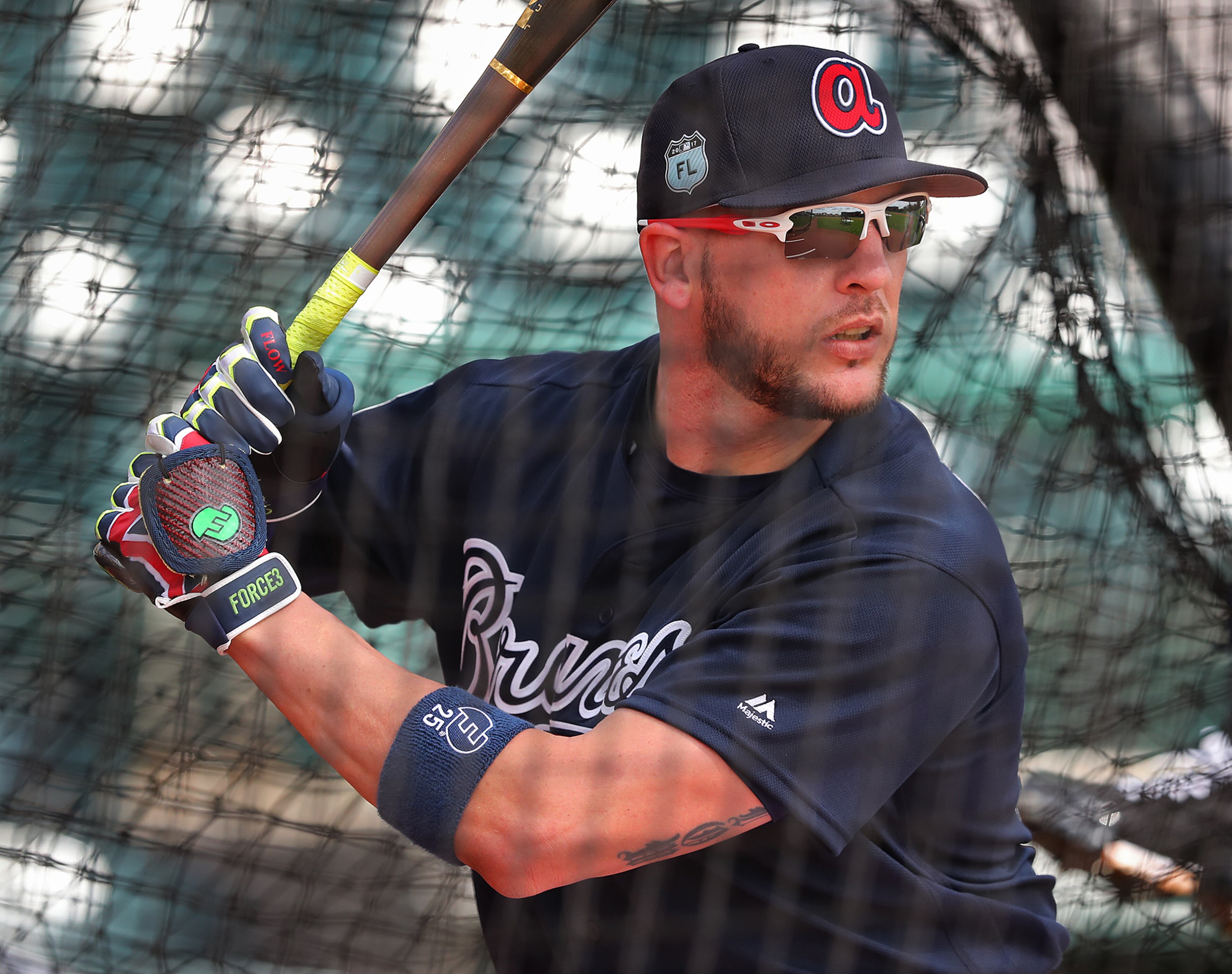 February 15, 2017, Lake Buena Vista, FL: Braves catcher Tyler Flowers takes batting practice in Champion Stadium while pitchers and catchers hold their first spring training workout on Wednesday Feb. 15, 2017, at the ESPN Wide World of Sports in Lake Buena Vista. Curtis Compton/ccompton@ajc.com