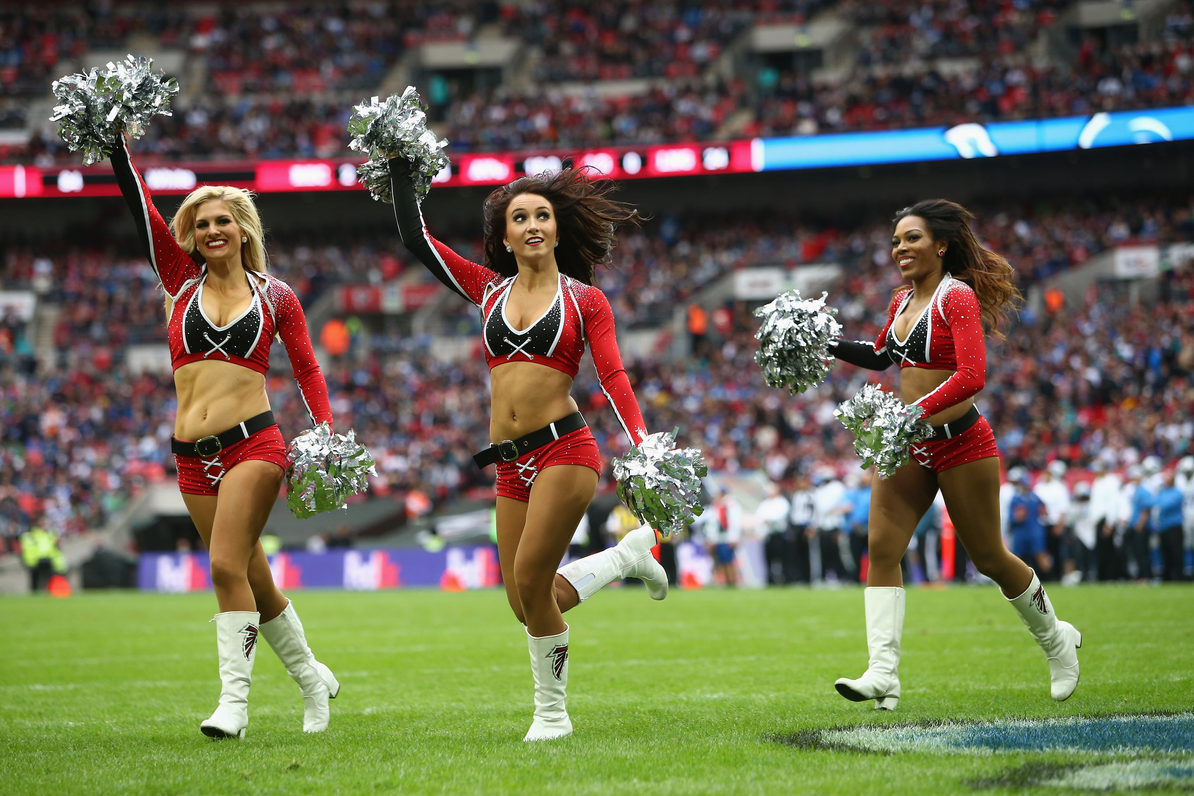 Falcons cheerleaders perform during the NFL match between Detroit Lions and Atlanta Falcons at Wembley Stadium on October 26, 2014 in London, England. (Photo by Jordan Mansfield/Getty Images)