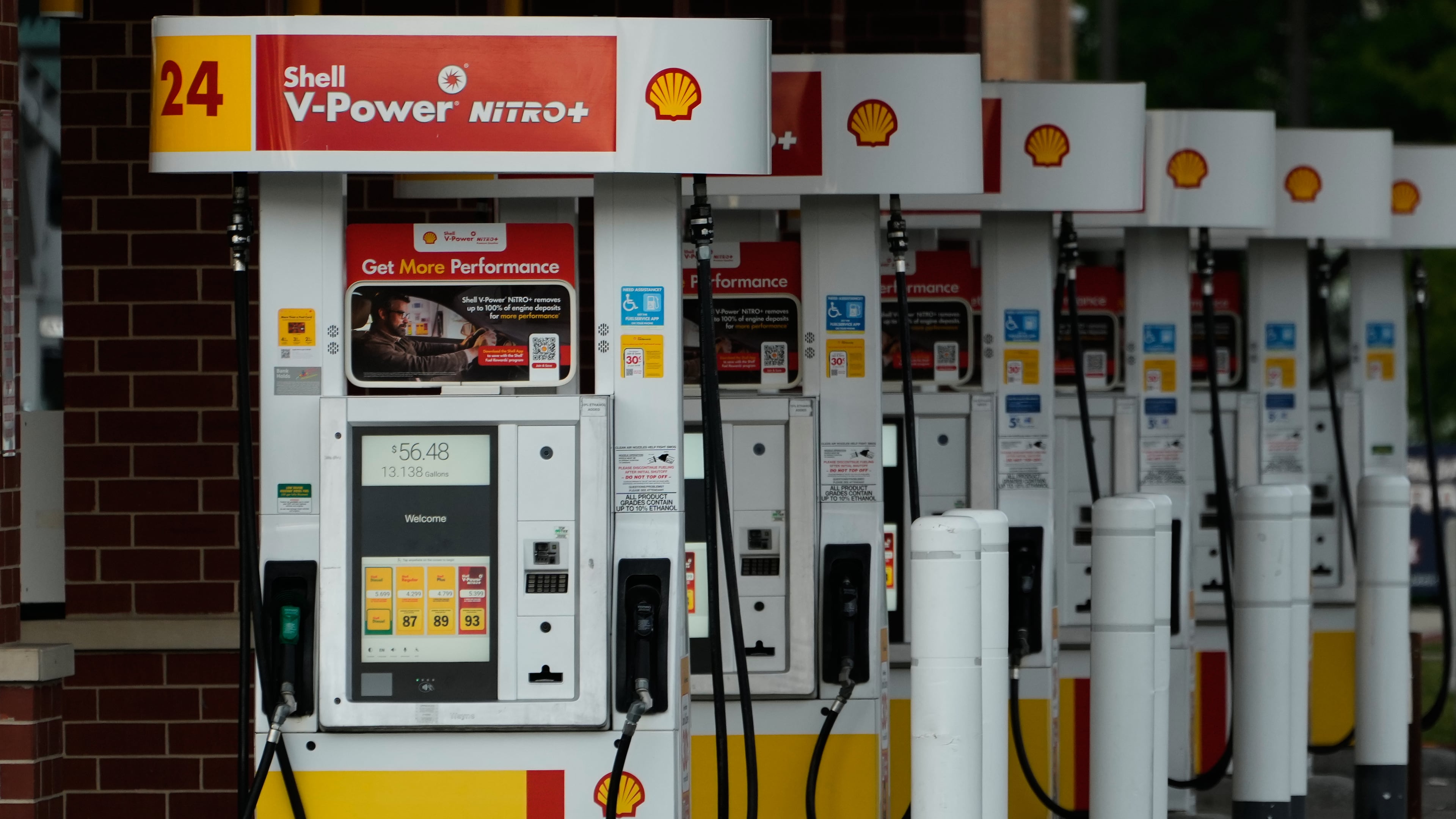 Gas pumps are seen at a gas station in Buffalo Grove, Thursday, June 25, 2026. (AP Photo/Nam Y. Huh)