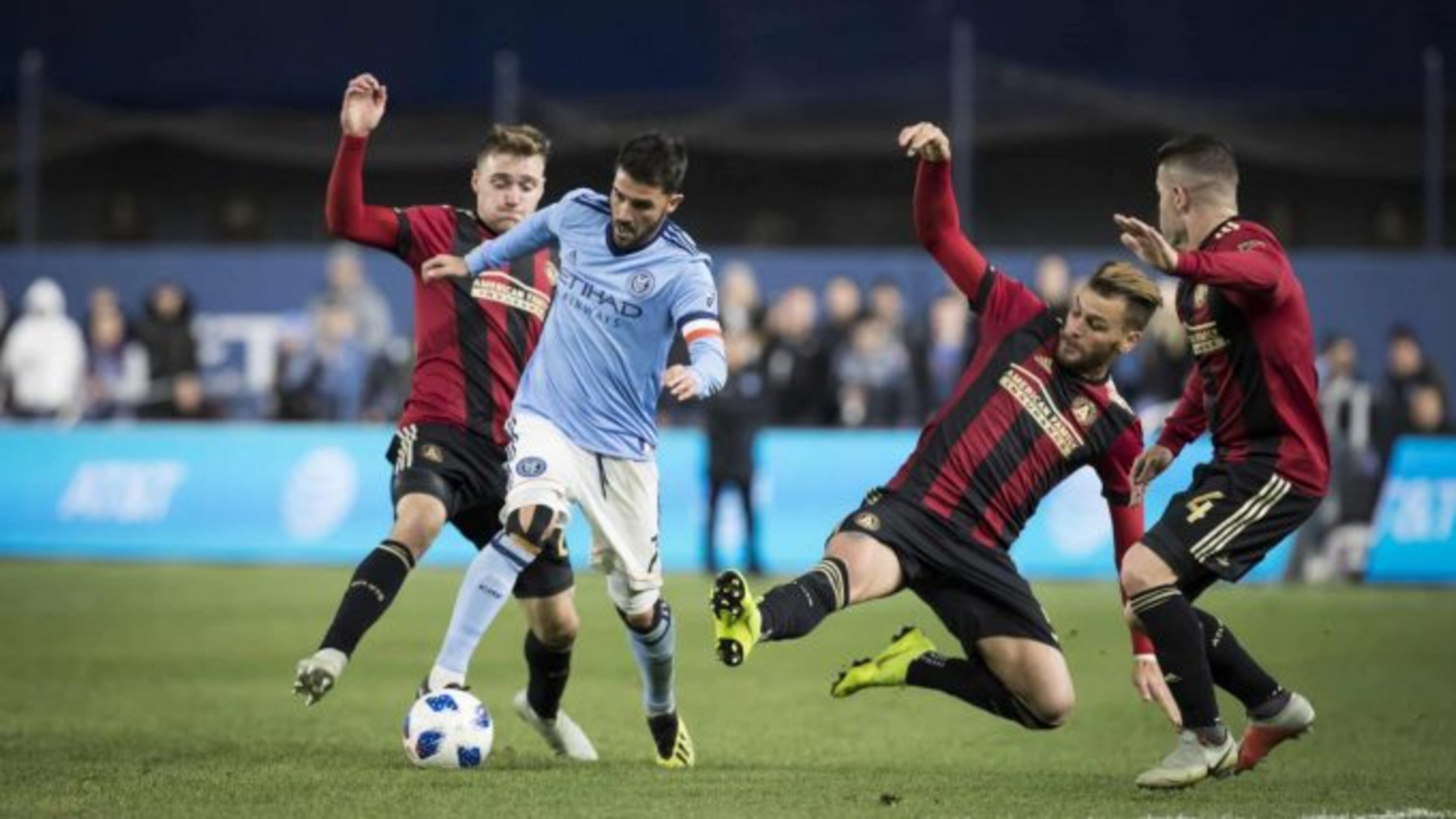 Atlanta United defenders converge on NYCFC's David Villa in their MLS playoff game at Yankee Stadium. (Elite Sports NY)