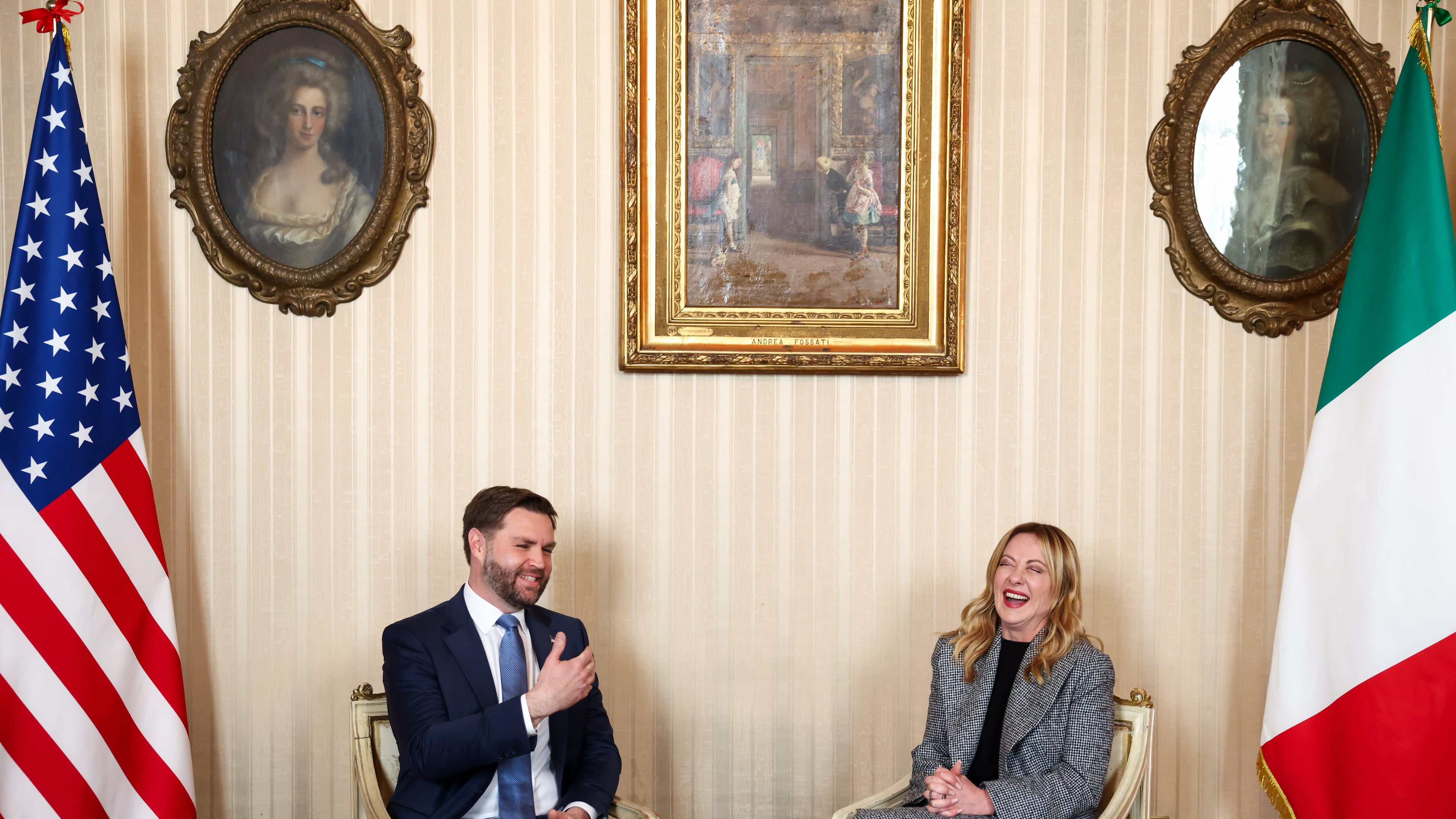 Italy's Prime Minister Giorgia Meloni, right, and US Vice President JD Vance hold a bilateral meeting during his visit to the 2026 Winter Olympics, in Milan, Italy, Friday, Feb. 6, 2026. (Kevin Lamarque/Pool Photo via AP)