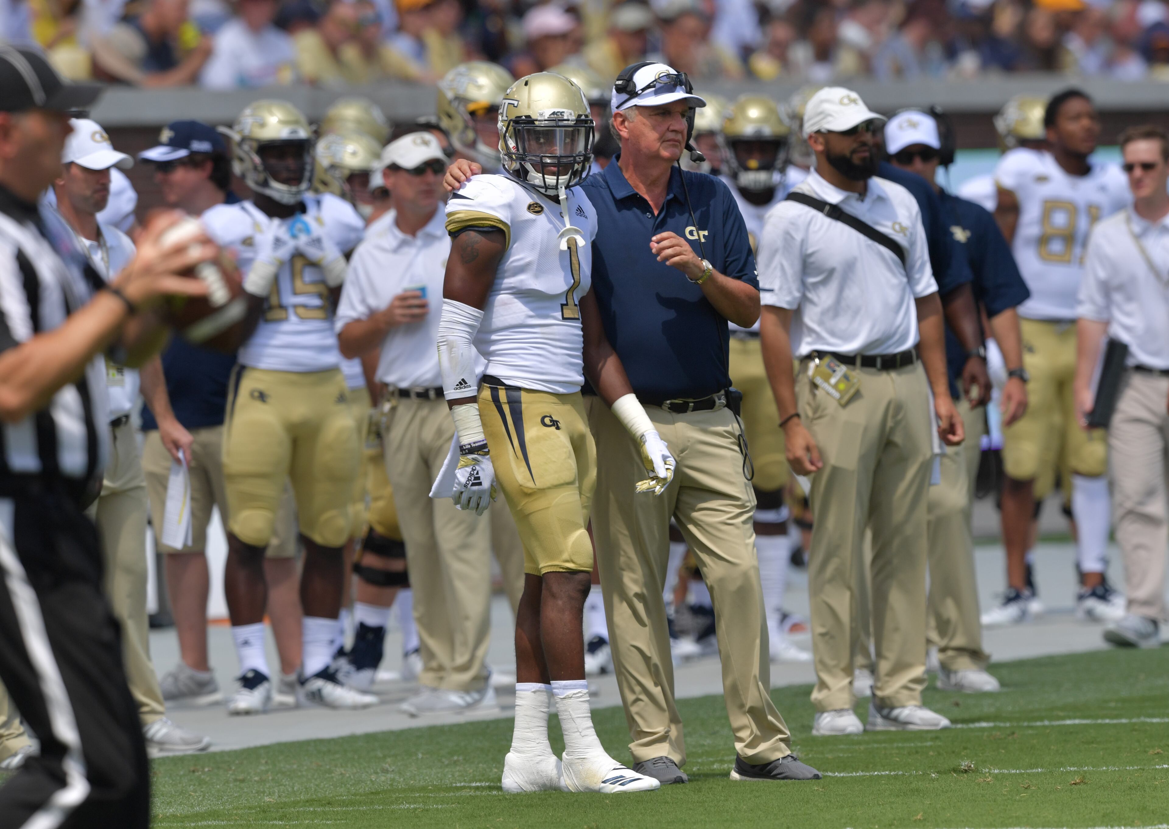 September 1, 2018 Atlanta - Georgia Tech head coach Paul Johnson instructs Georgia Tech running back Qua Searcy (1) in the first half of the Georgia Tech home opener at Bobby Dodd Stadium on Saturday, September 1, 2018. Georgia Tech won 41-0 over the Alcorn State. HYOSUB SHIN / HSHIN@AJC.COM