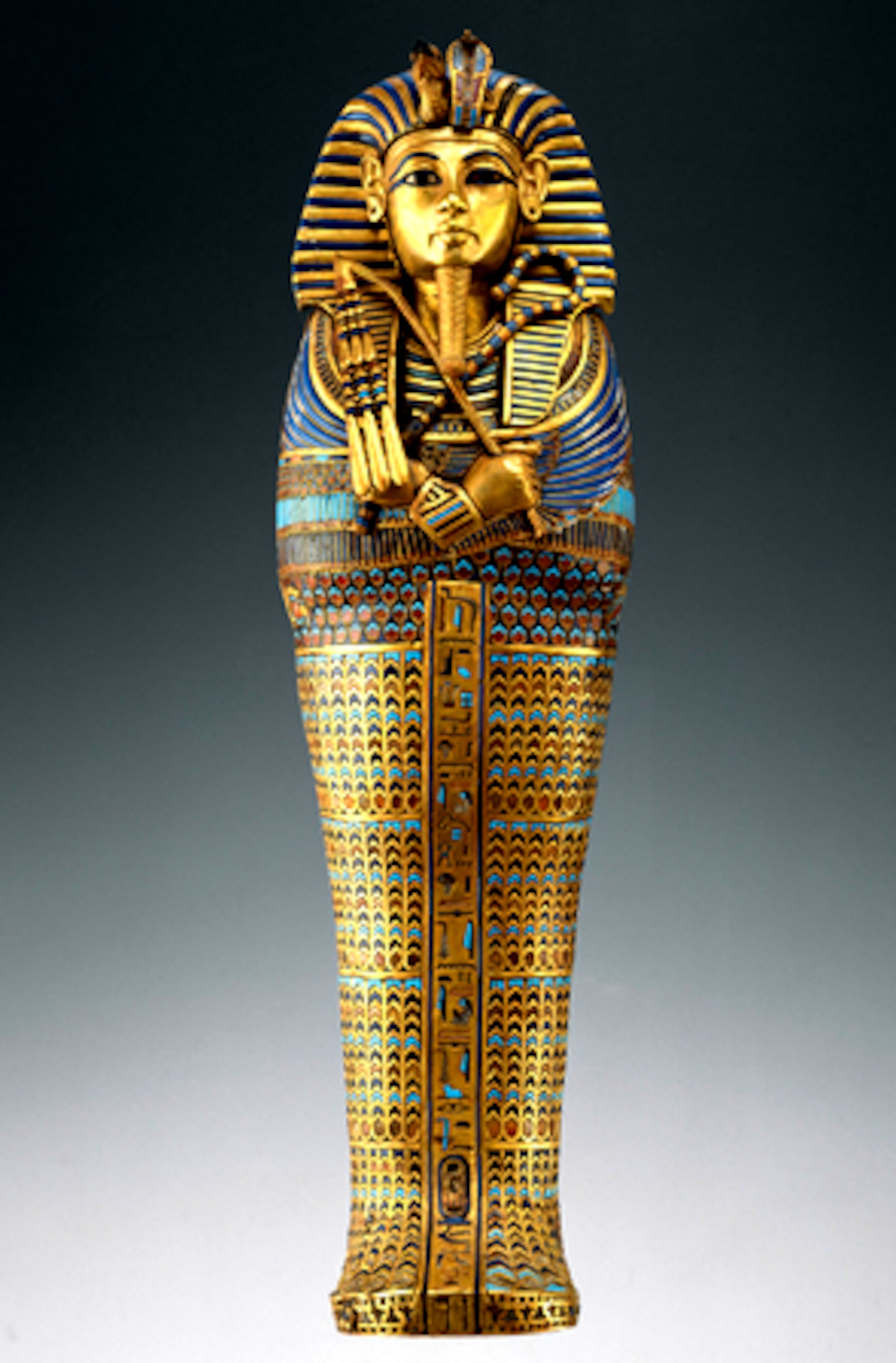 Tutankhamun possessed four miniature gold coffins inlaid with colored glass and semi-precious stones. Each stood in a separate compartment in an alabaster chest. The band of inscription running down the front names Imseti, one of the sons of Horus, and the goddess Isis, who would protect the deceased and the particular mummified organ within. The cartouche encircling the king's name on the interior was reworked and originally had the name of one of Tutankhamun's relatives.