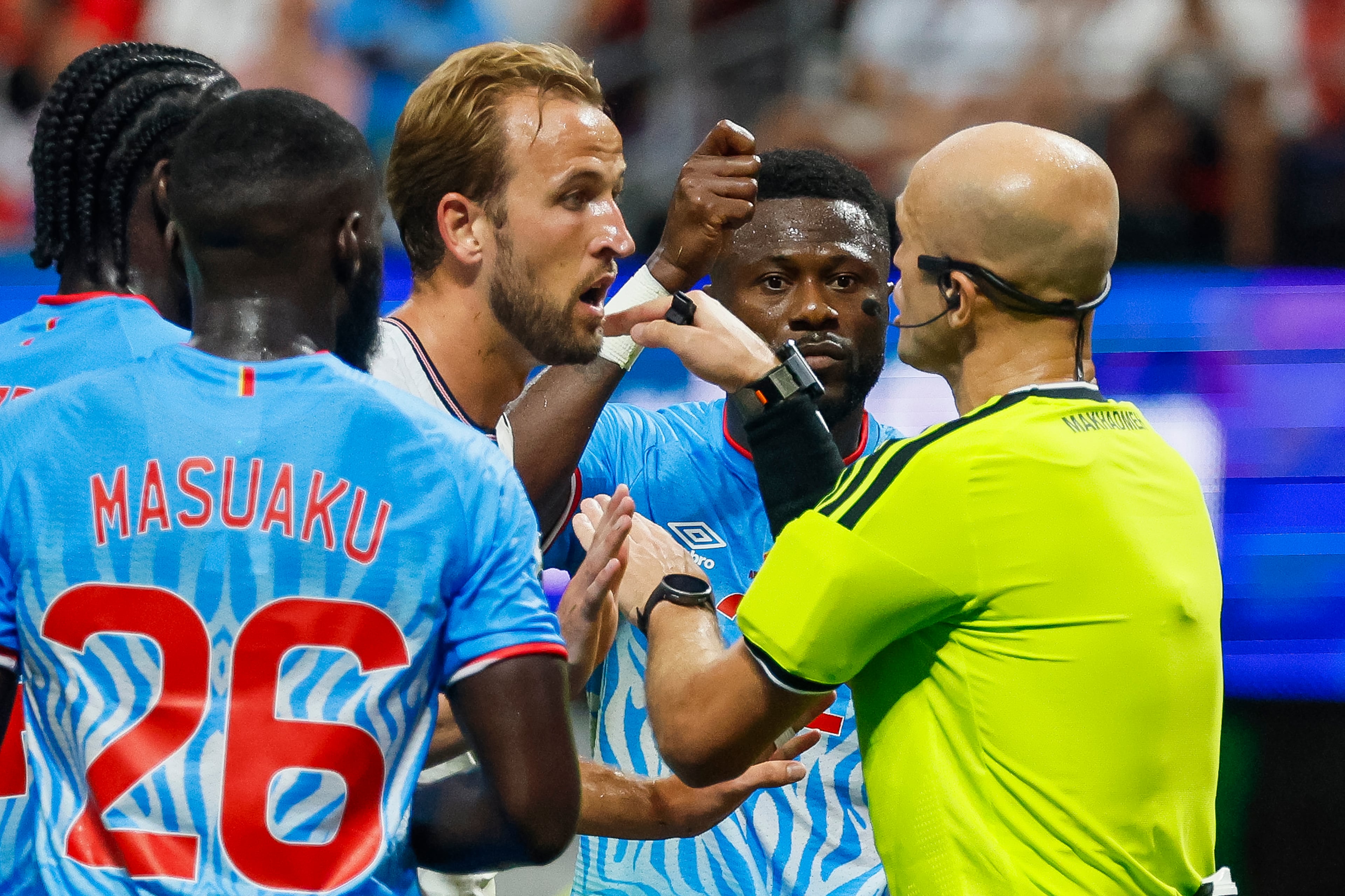 England forward Harry Kane reacts to a penalty call during the first half of a FIFA World Cup round of 32 match at Atlanta Stadium (Mercedes-Benz Stadium) on Wednesday, July 1, 2026, in Atlanta. (Miguel Martinez/AJC)