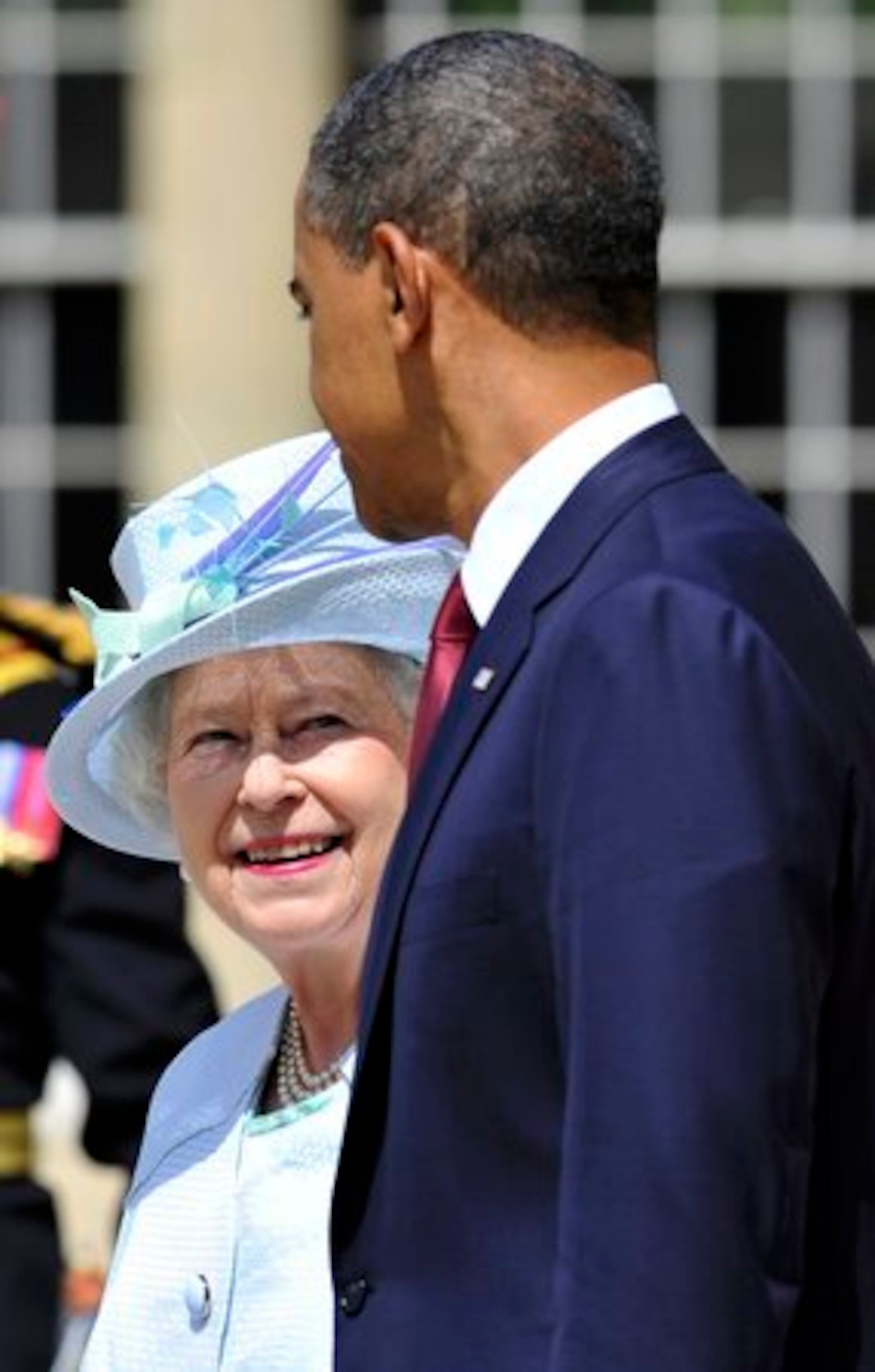 Britain's Queen Elizabeth and President Obama attend the ceremony for the national anthems at Buckingham Palace in London Tuesday May 24, 2011.