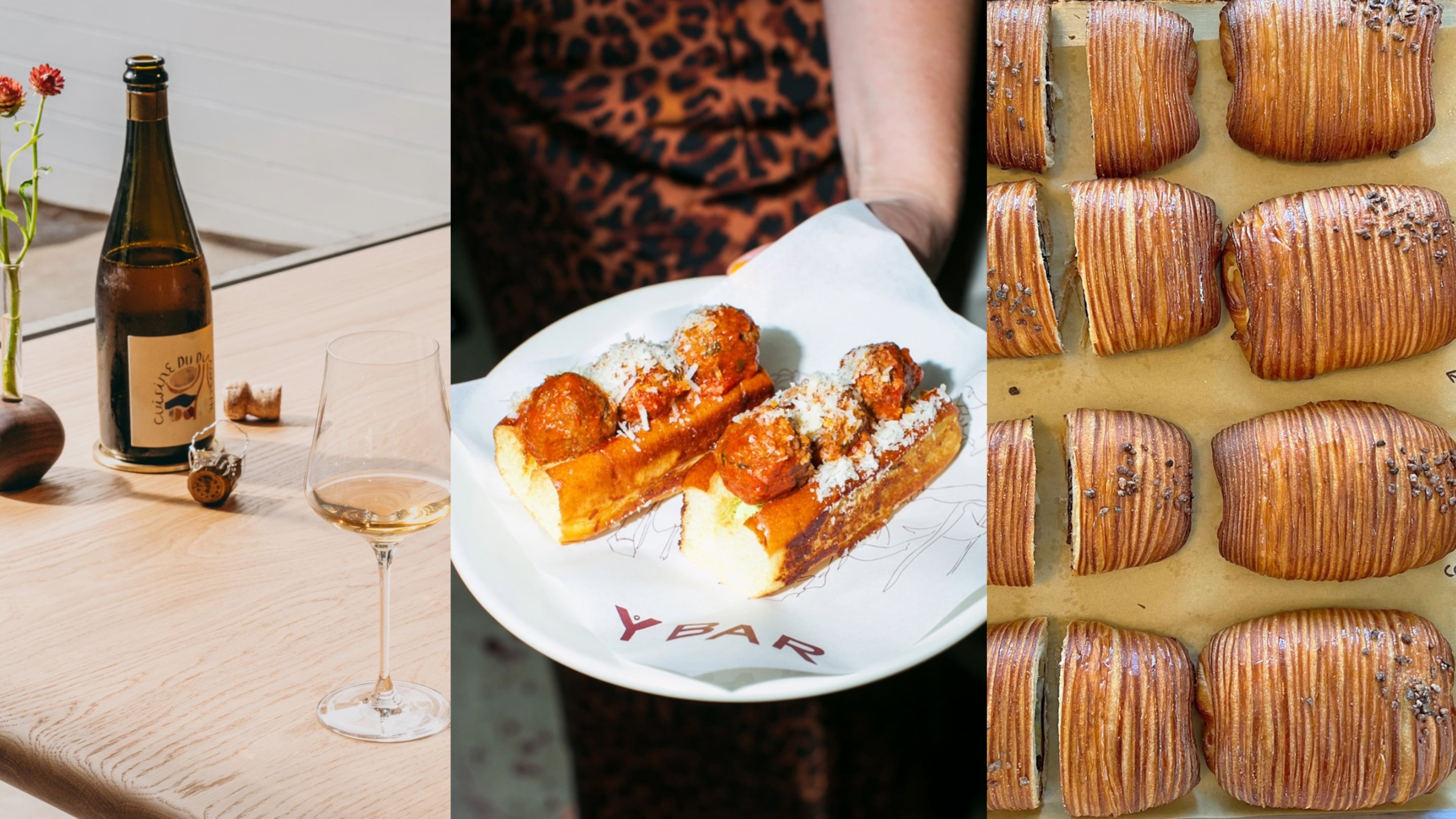 Photos from three Atlanta restaurants that opened in July 2026 (from left): the standing bar at So. Fox (Courtesy of Dave Crawford); mini meatball subs at Y Bar e Ristorante (Courtesy of Sarah Lawless); and a variety of croissants at Summerland Cafe (Courtesy of Summerland).