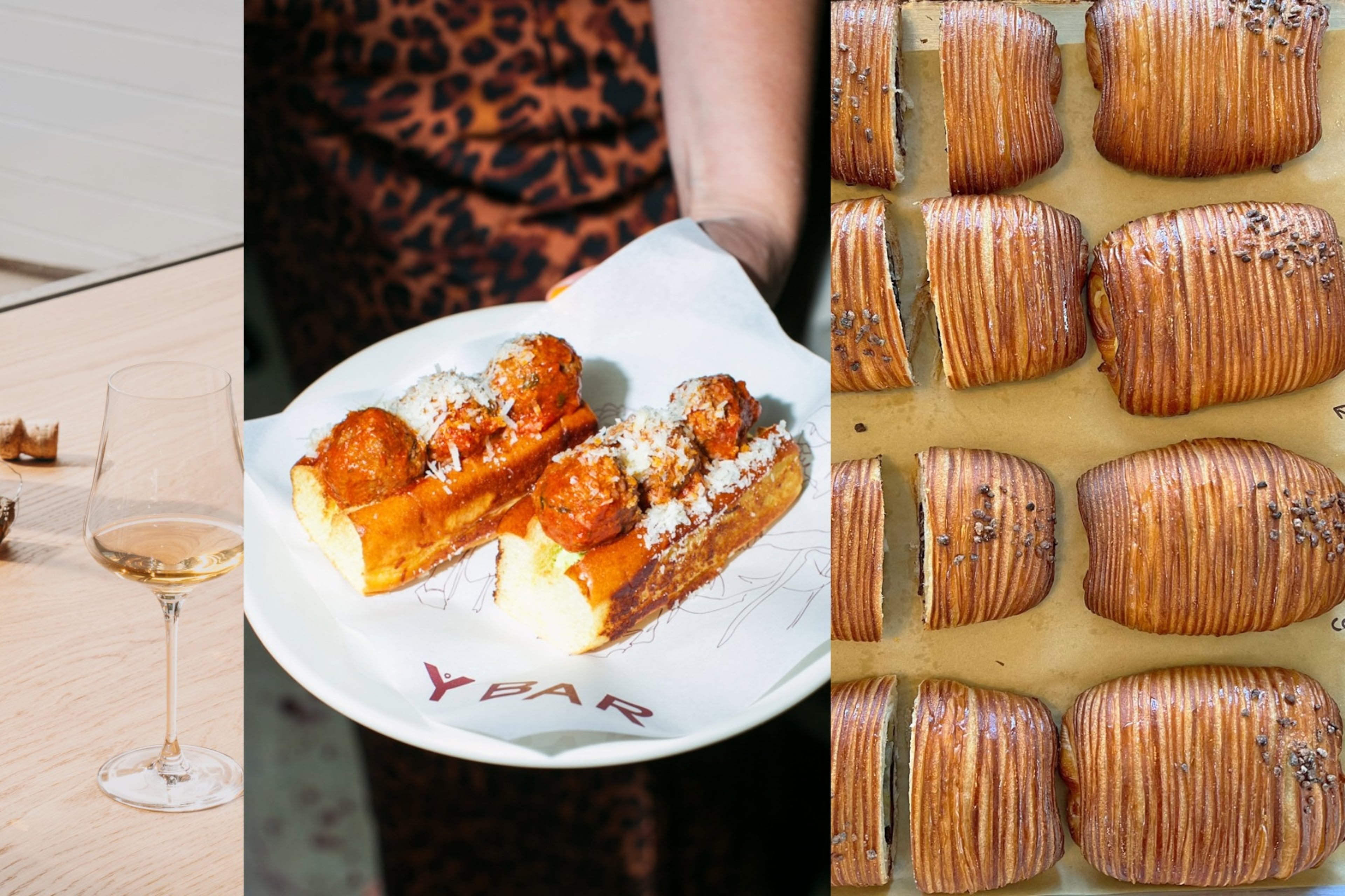 Photos from three Atlanta restaurants that opened in July 2026 (from left): the standing bar at So. Fox (Courtesy of Dave Crawford); mini meatball subs at Y Bar e Ristorante (Courtesy of Sarah Lawless); and a variety of croissants at Summerland Cafe (Courtesy of Summerland).