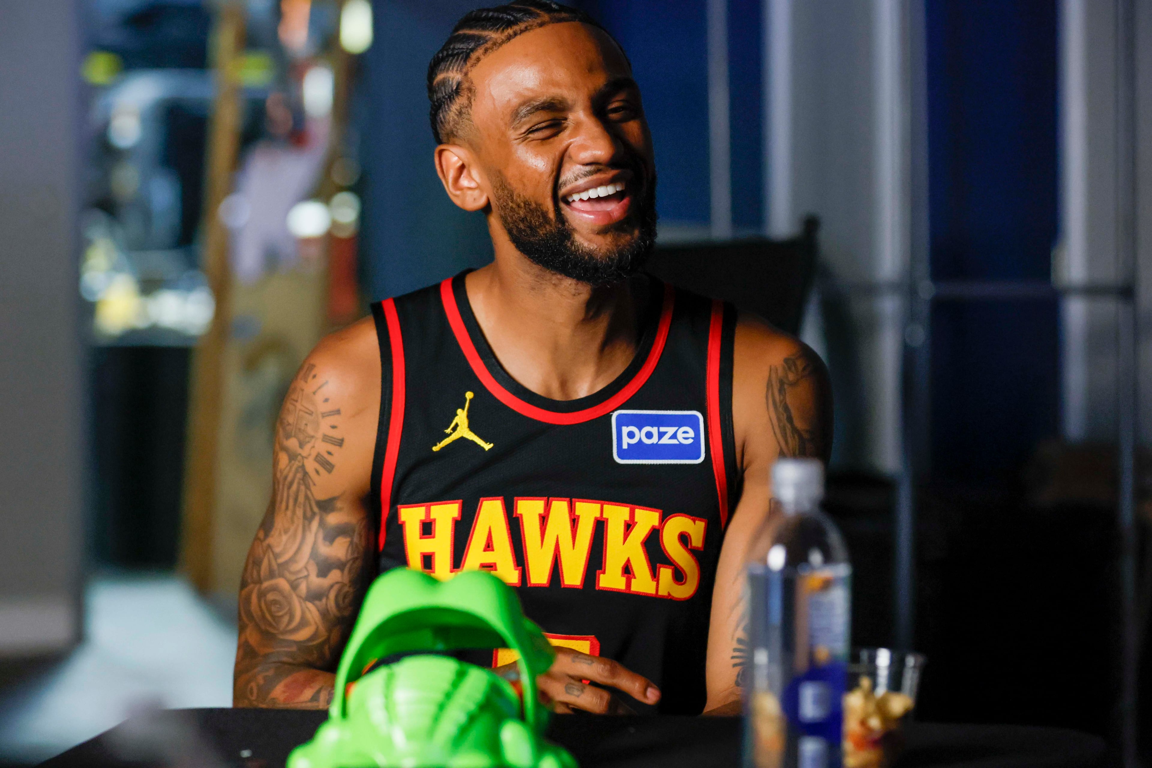 New Hawk Nickeil Alexander-Walker had fun doing something involving a toy alligator at media day.