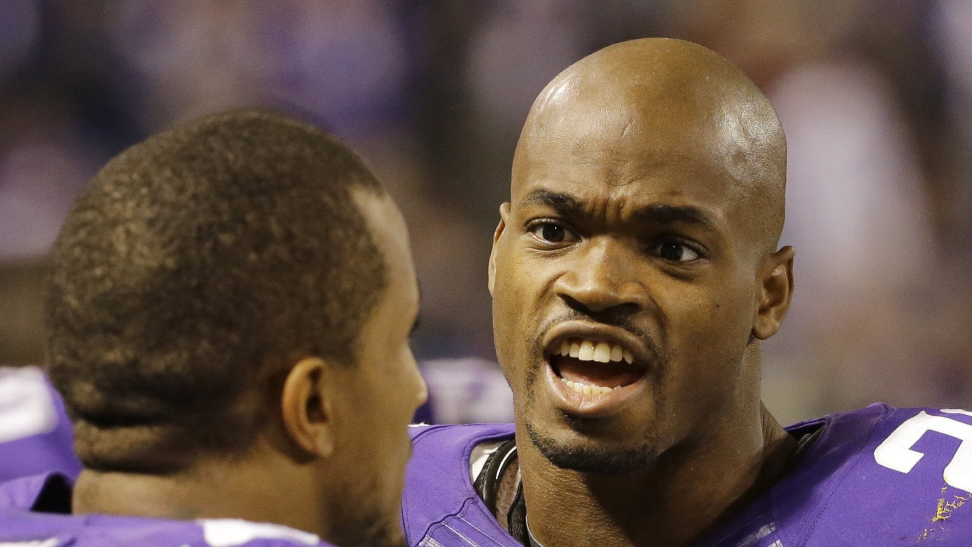 FILE - In this nov. 7, 2013, file photo, Minnesota Vikings running back Adrian Peterson, right, talks with teammate Josh Robinson, left, on the sidelines during the second half of an NFL football game against the Washington Redskins in Minneapolis. By the time the typical player signs an NFL contract, around 100 scouts, coaches and general managers have pored over his history. Very little in the portfolios collected on Ray Rice or Adrian Peterson foreshadowed the issues they’re dealing with now.(AP Photo/Ann Heisenfelt, File)
