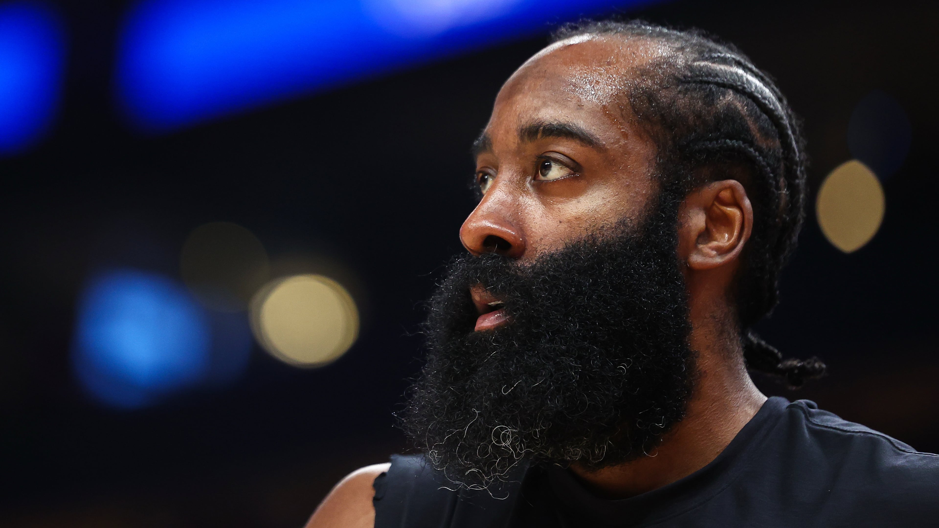 FILE - Cleveland Cavaliers guard James Harden warms up before an NBA basketball game against the Atlanta Hawks, April 10, 2026, in Atlanta. (AP Photo/Colin Hubbard, File)
