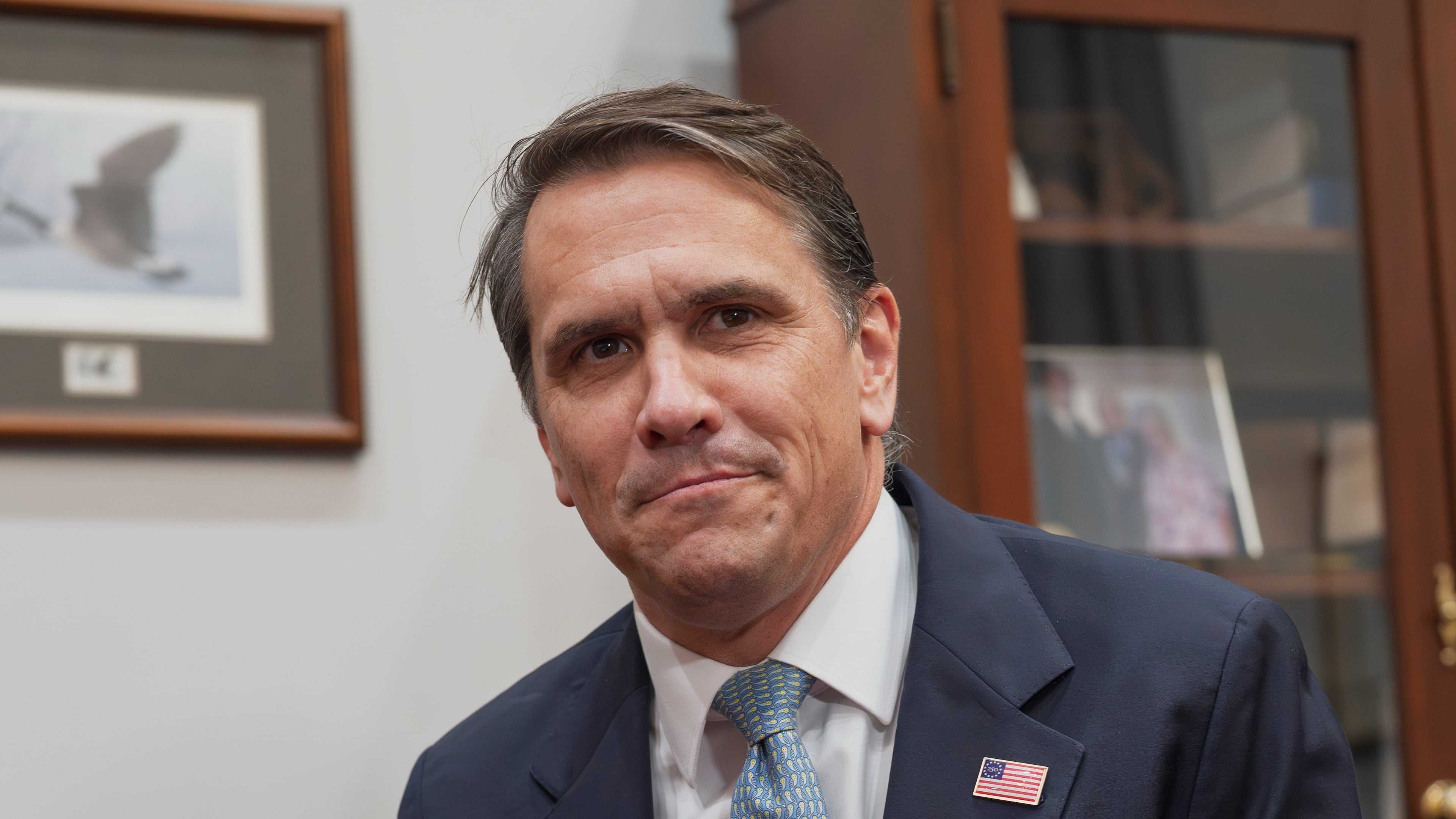 Todd Blanche, President Donald Trump's nominee to be attorney general, listens as reporters ask questions during his meeting with Senate Judiciary Committee Chairman Chuck Grassley, R-Iowa, at the Capitol in Washington, Monday, June 15, 2026. (AP Photo/J. Scott Applewhite)