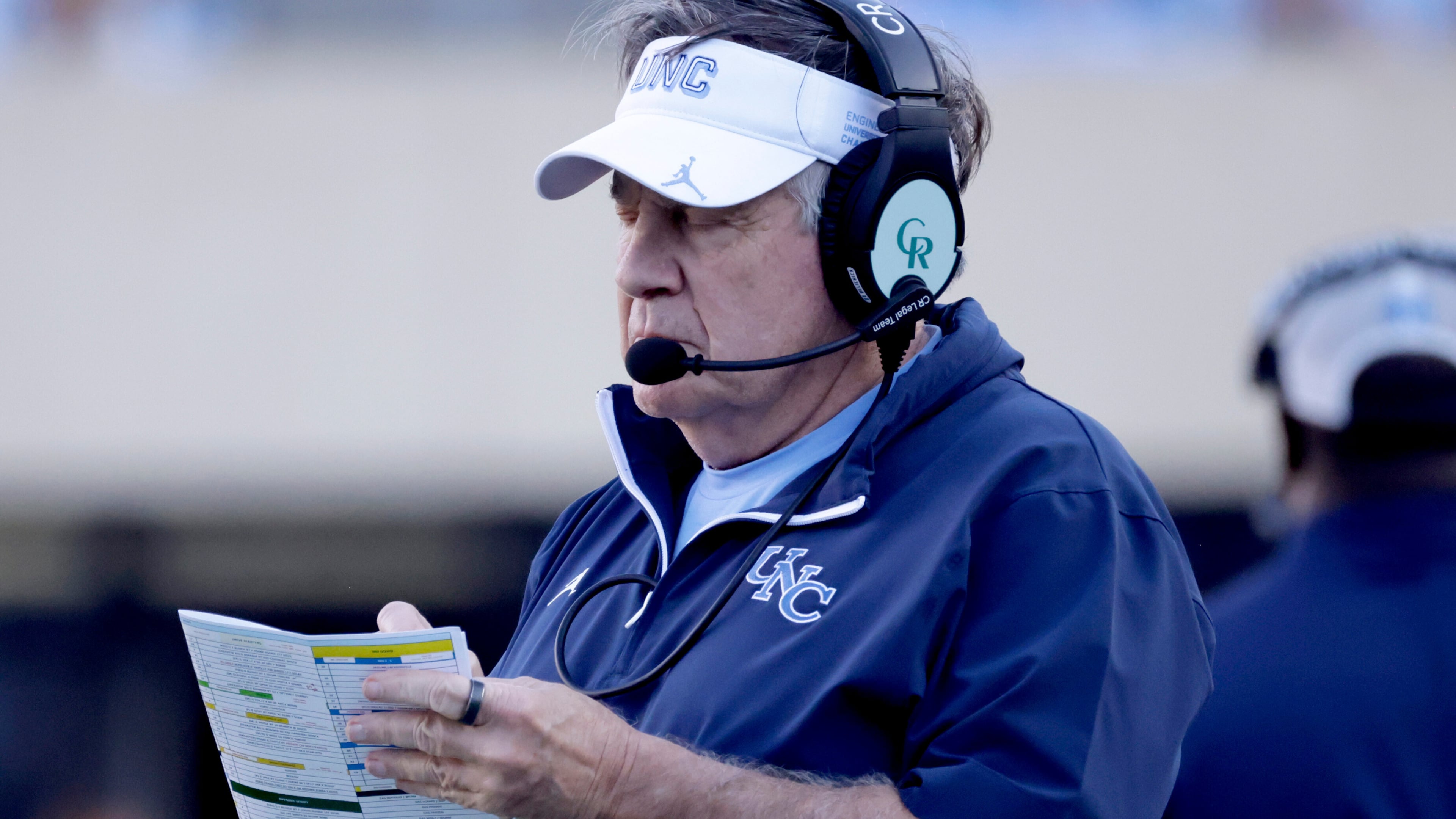FILE - North Carolina head coach Bill Belichick on the sidelines during the first half of an NCAA college football game against Duke, Saturday, Nov. 22, 2025, in Chapel Hill, N.C. (AP Photo/Chris Seward, File)