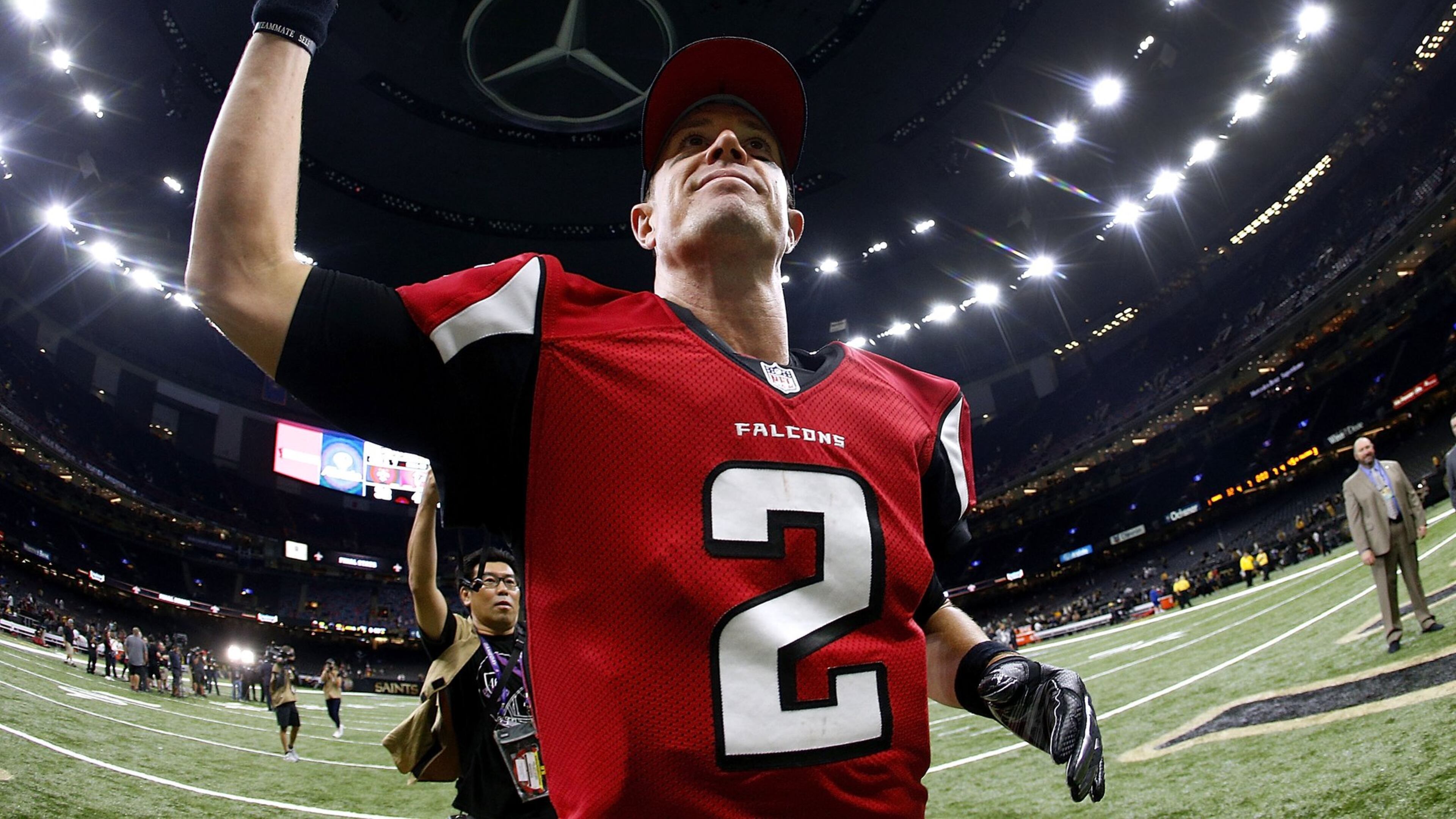 NEW ORLEANS, LA - SEPTEMBER 26: Matt Ryan #2 of the Atlanta Falcons celebrates after a game against the New Orleans Saints at the Mercedes-Benz Superdome on September 26, 2016 in New Orleans, Louisiana. The Falcons won 45-32. (Photo by Jonathan Bachman/Getty Images)