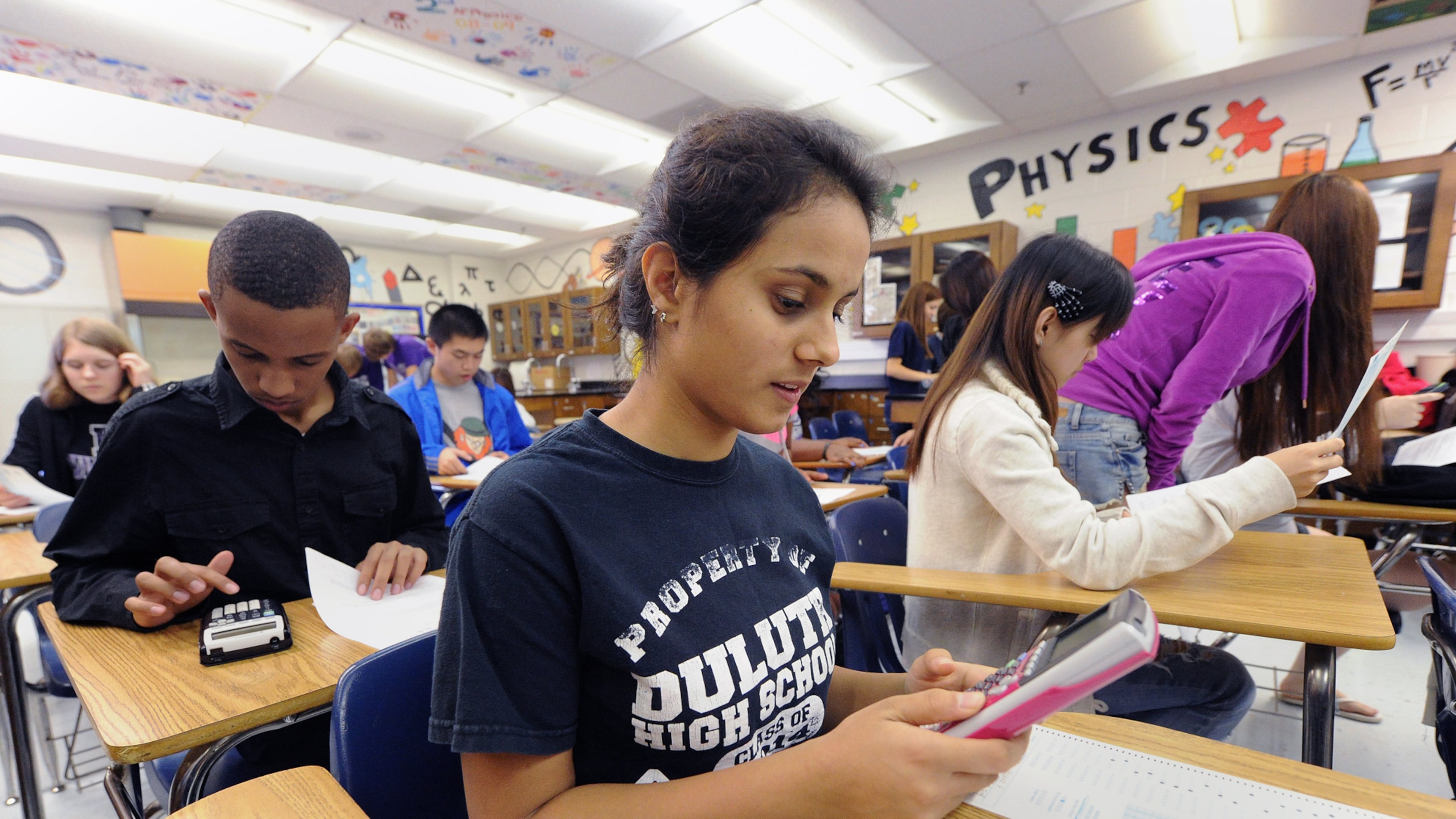 Students study for an upcoming AP exam in an AP physics class at Duluth High School. More Georgia students are taking and earning top scores on Advanced Placement exams, according to state data released today. The exams allow students to earn college credit in high school and are an indicator of how well a student will perform in college.