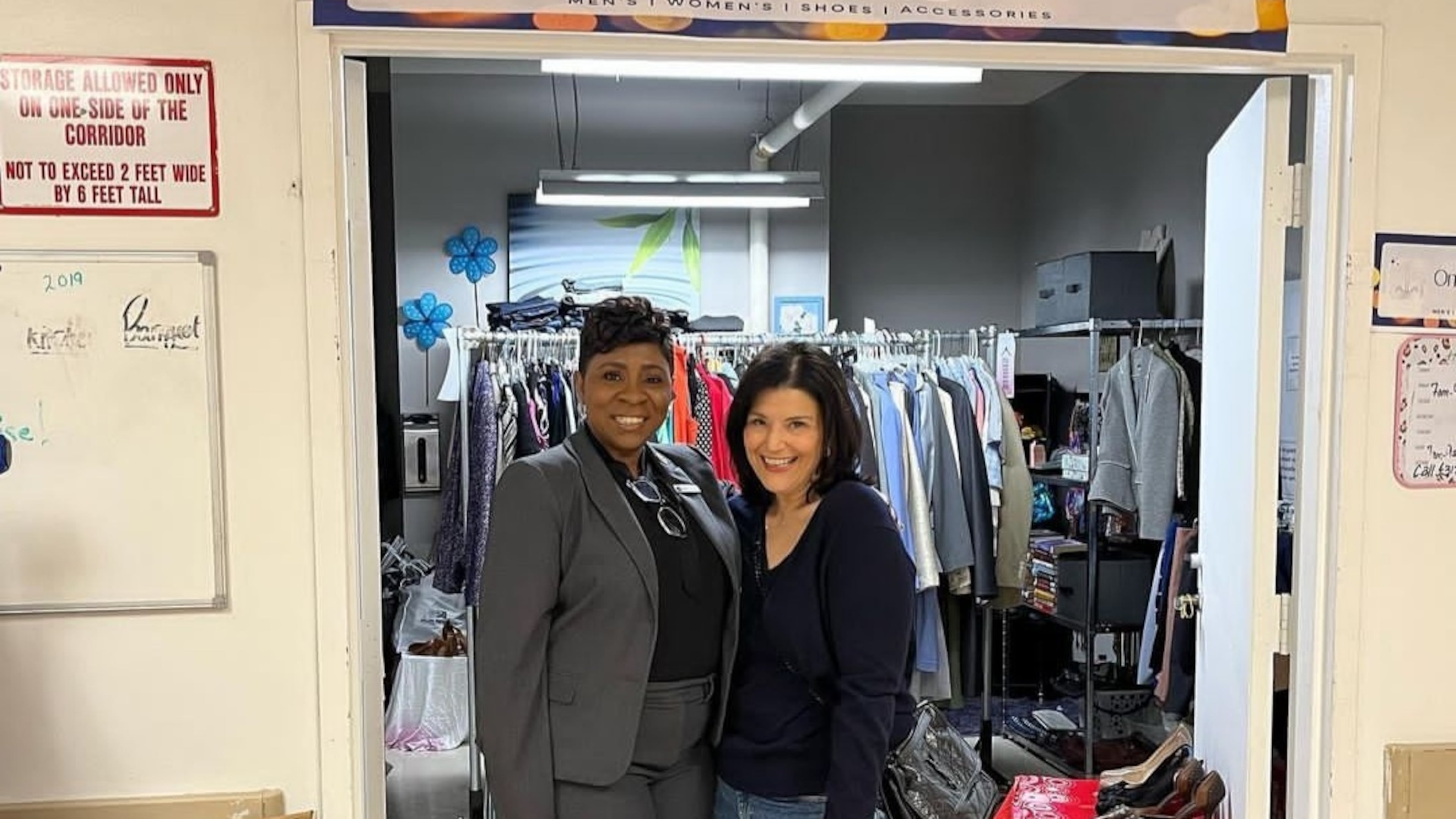 Jackie Duncan (left) pictured with donor Mara Davis, brought the Career Closet to employees at the Omni Hotel Atlanta Centennial Park, as part of the hotel's DEI initiatives. The closet is celebrating its one year anniversary and has helped employees from a range of departments find work appropriate clothing free of charge. Contributed photo.