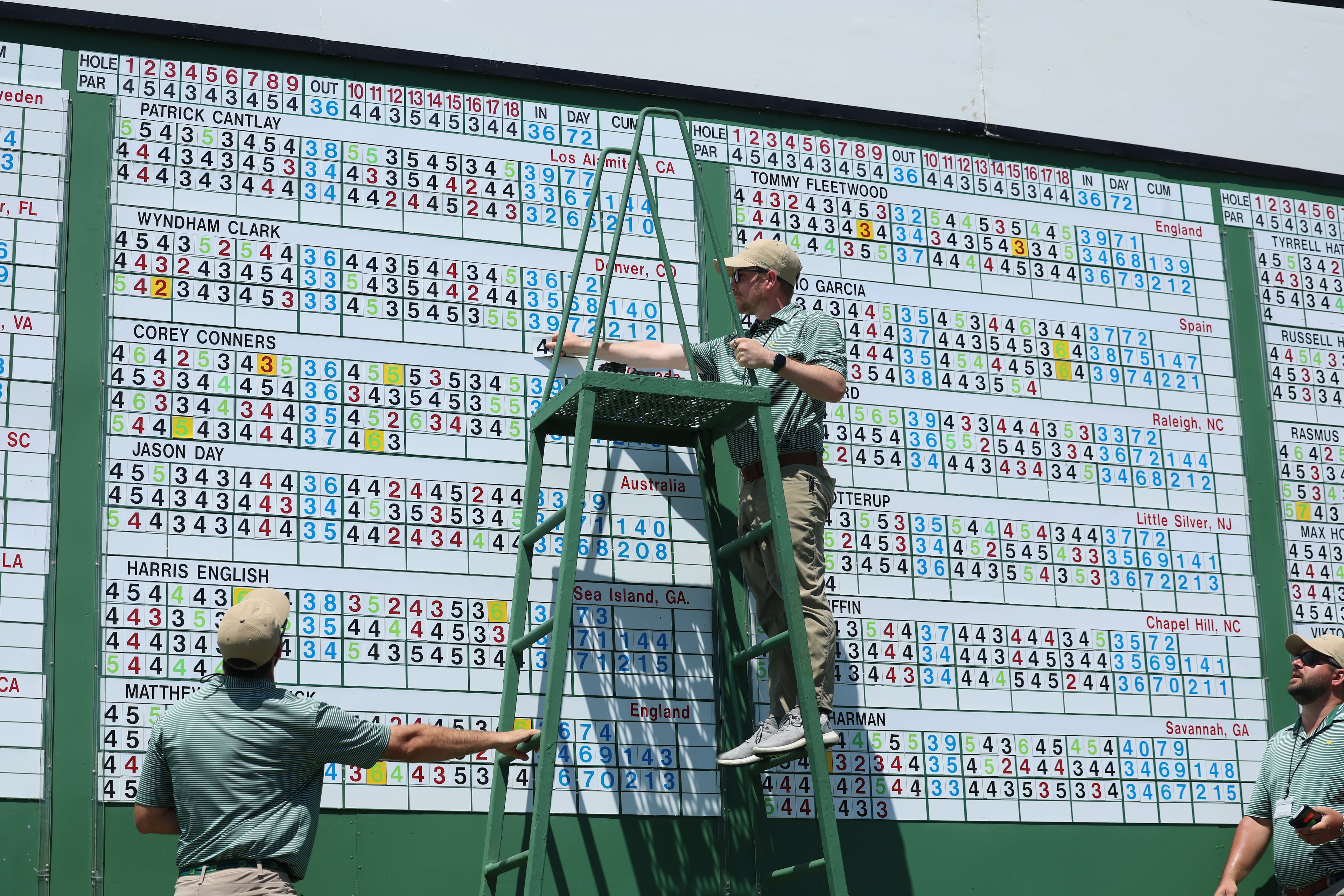 Workers maintain the main scoreboard near the first fairway during the final round of the Masters at Augusta National on Sunday, April 12, 2026, in Augusta, Ga. (Jason Getz/AJC)