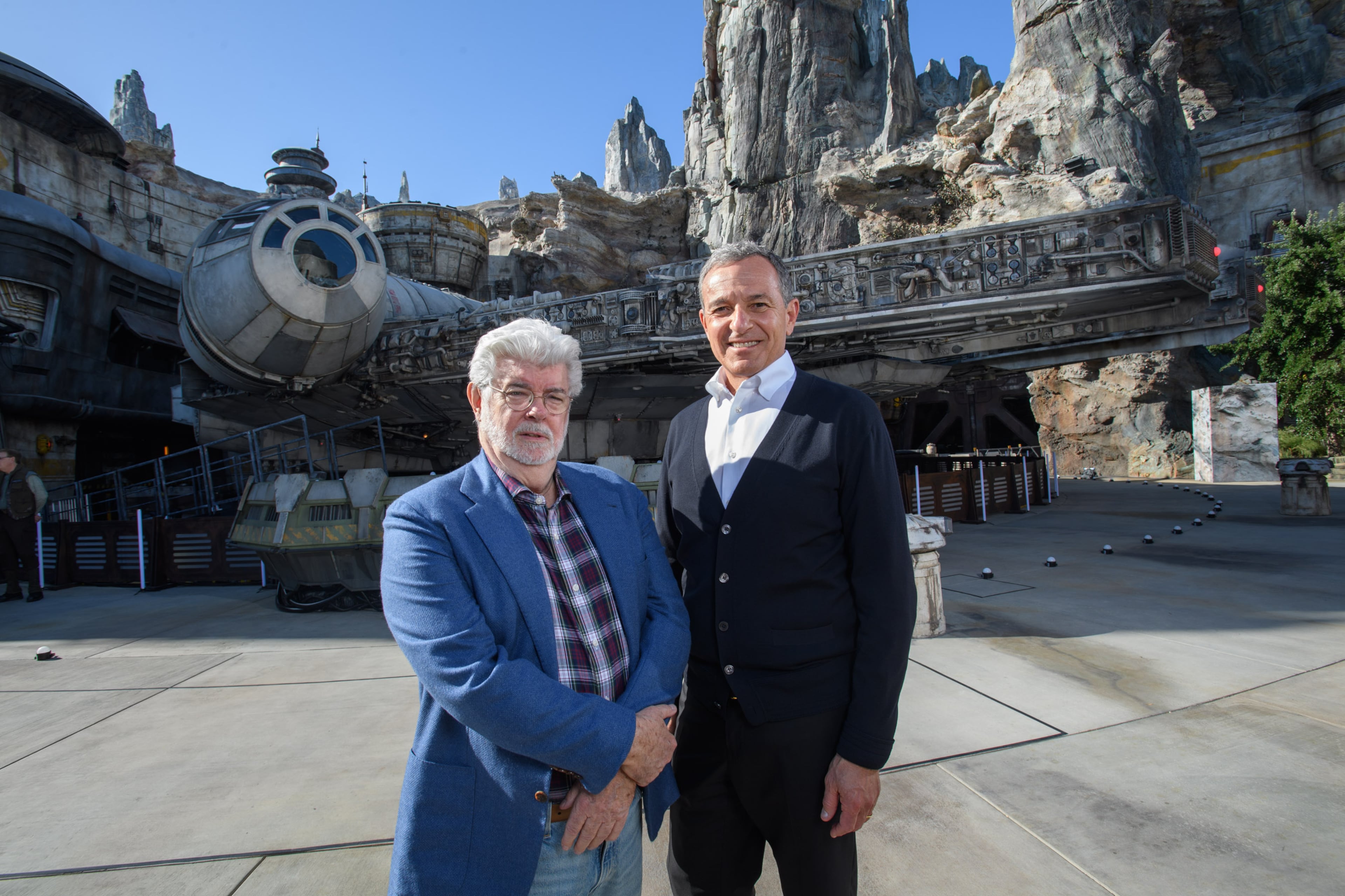 Bob Iger and George Lucas Tour Star Wars: Galaxyâs Edge at Disneyland Park Ahead of Opening
Bob Iger, Walt Disney Company Chairman and CEO (right), and George Lucas, Star Wars creator, stand in front of the Millennium Falcon at Star Wars: Galaxyâs Edge at Disneyland Park in Anaheim, California, May 29, 2019. Star Wars: Galaxyâs Edge opens May 31, 2019, at Disneyland Resort in California and Aug. 29, 2019, at Walt Disney World Resort in Florida.Â