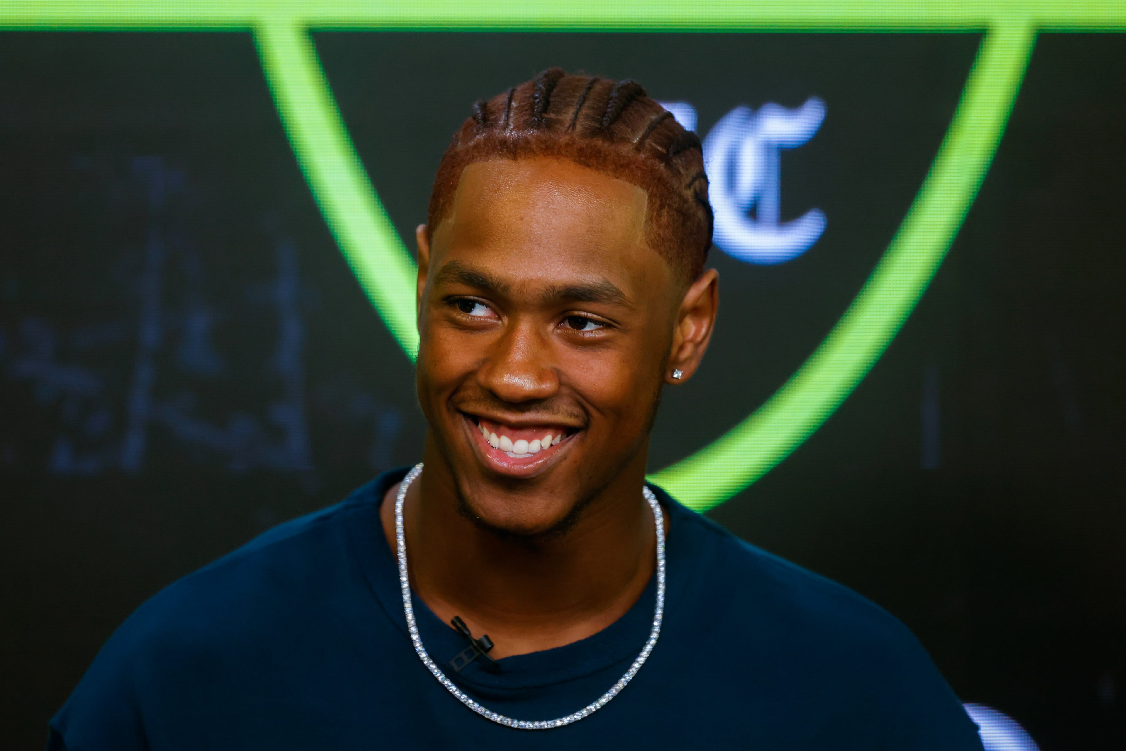 Stephenson’s Kwame “KJ” Green Jr. appears during the taping of the Super 11 reveal show at Score ATL in Roswell on Aug. 3, 2026. (Arvin Temkar/AJC)