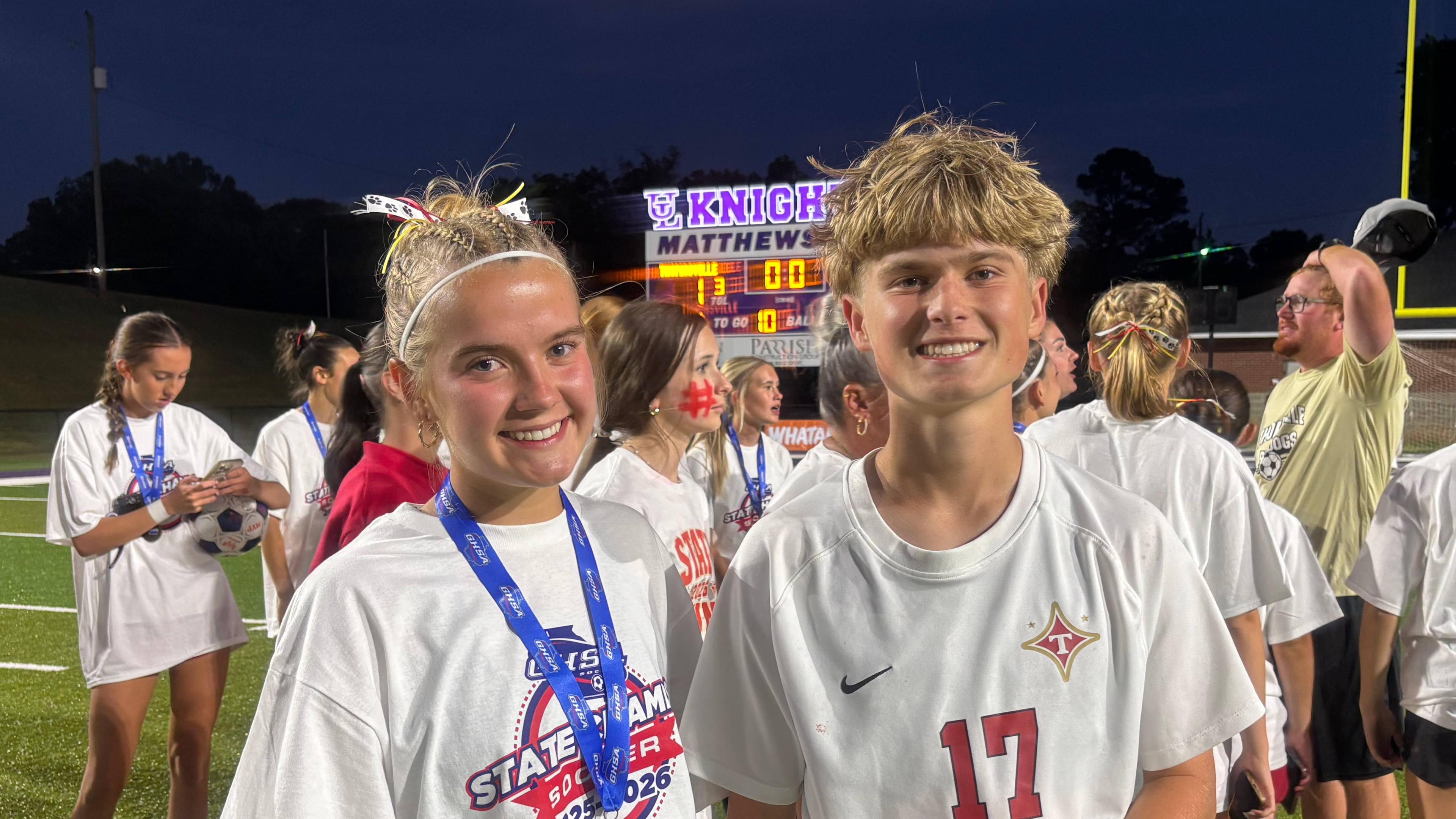 Finn and Maeva Henderon are sophomore twins on Thomasville's boys and girls soccer teams. The Henderson twins both won state championships on Thursday as Thomasville's teams both won Class A Division I titles within hours of each other at Matthews Field in Thomaston, Georgia. (Jack Leo/AJC)