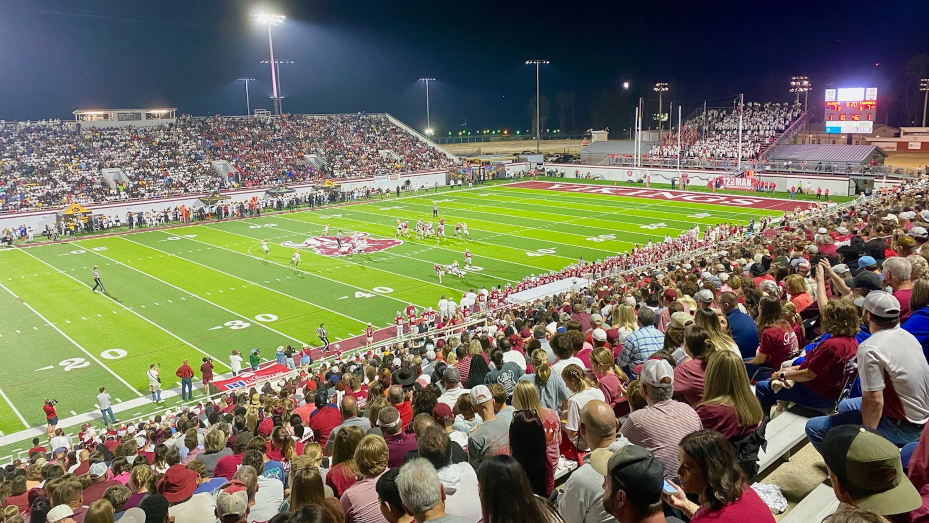 The view from the back row of Martin Stadium at Lowndes High in Valdosta, where the Vikings defeated archrival Valdosta High. The 12,000-seat stadium sold out. (Ken Sugiura/AJC 2024)