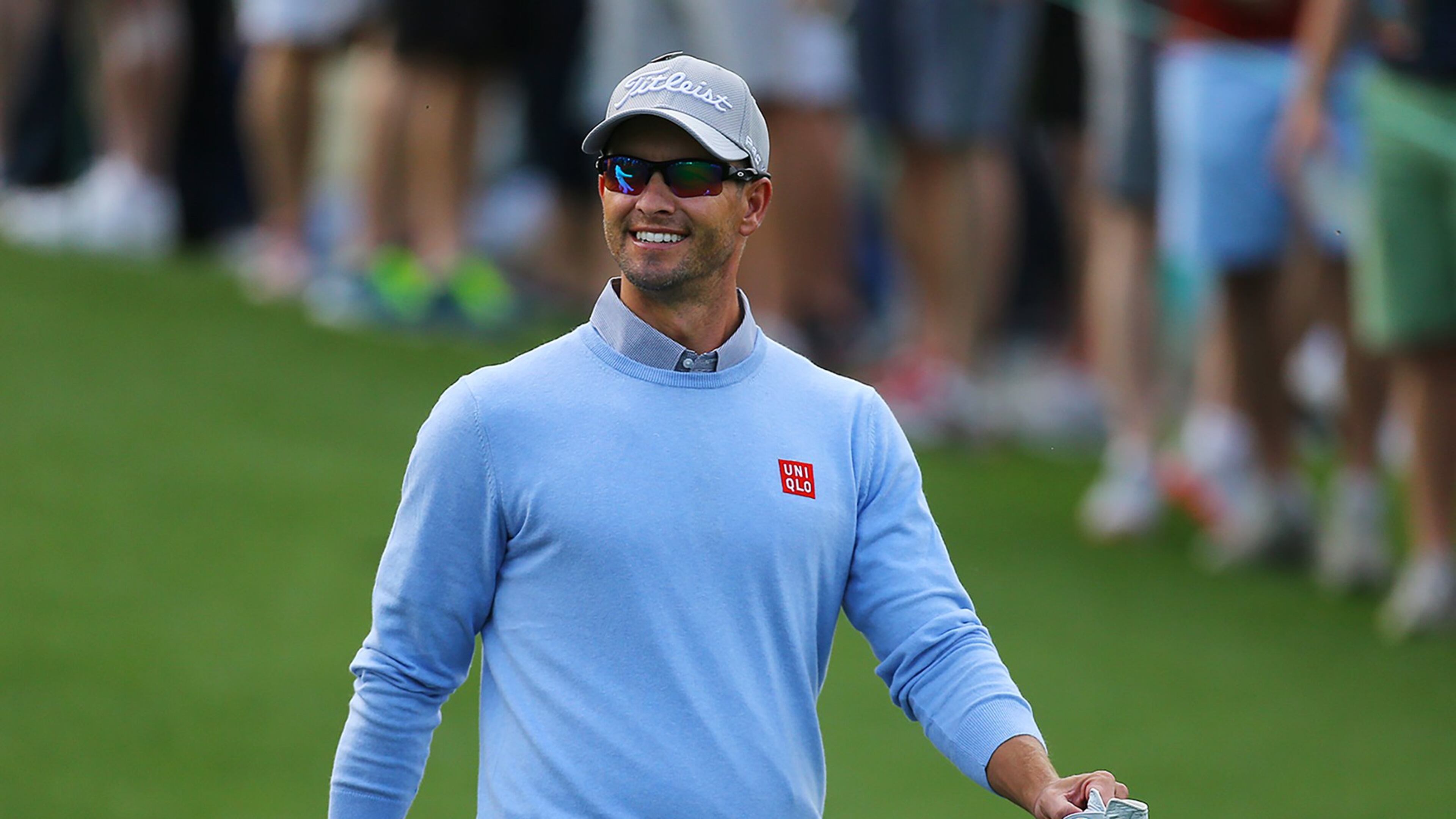Adam Scott was all smiles during Monday’s practice round in Augusta. (Curtis Compton / ccompton@ajc.com)
