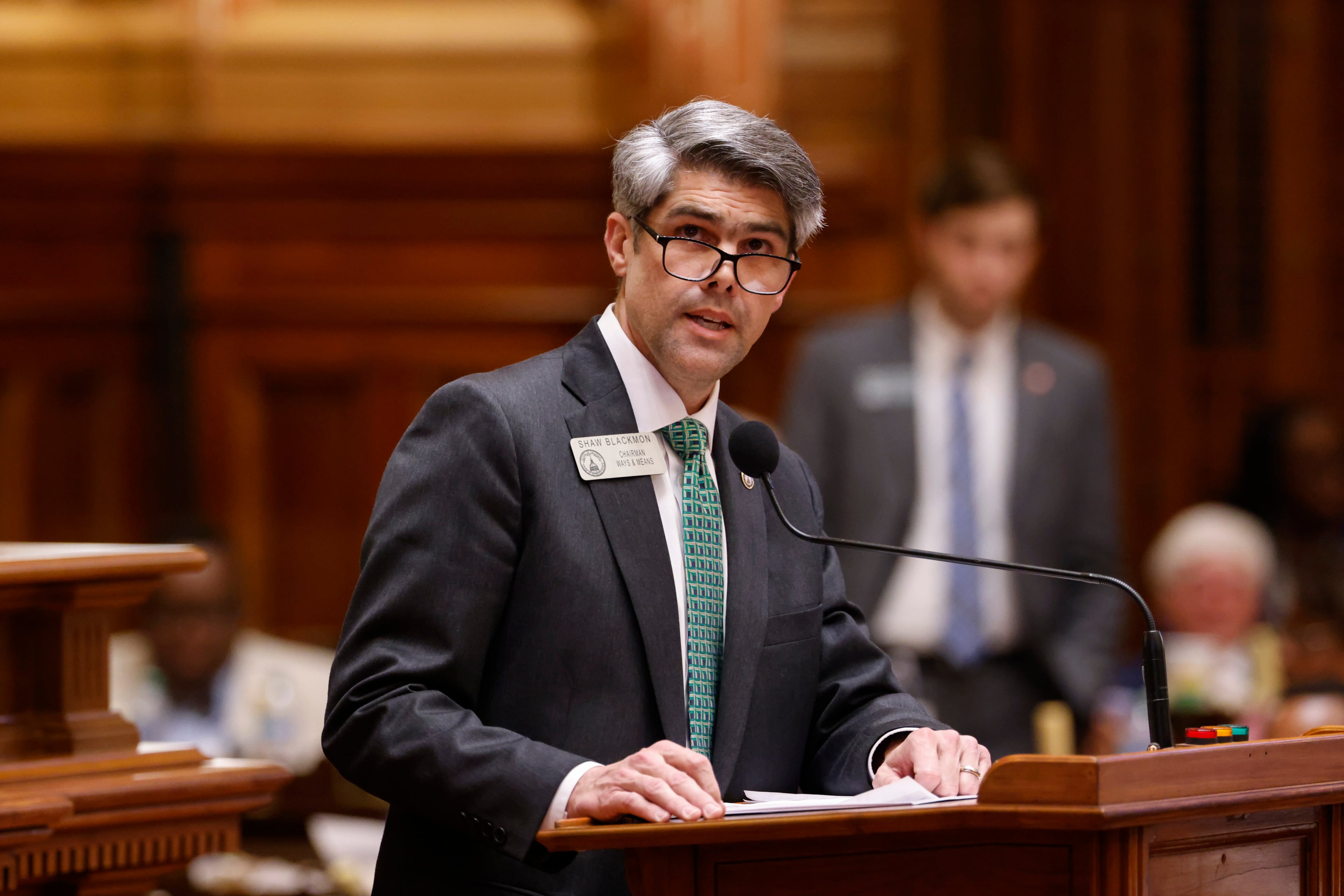 Rep. Shaw Blackmon, R-Bonaire, speaks about a property tax bill at the state Capitol back in March. (Arvin Temkar/AJC)