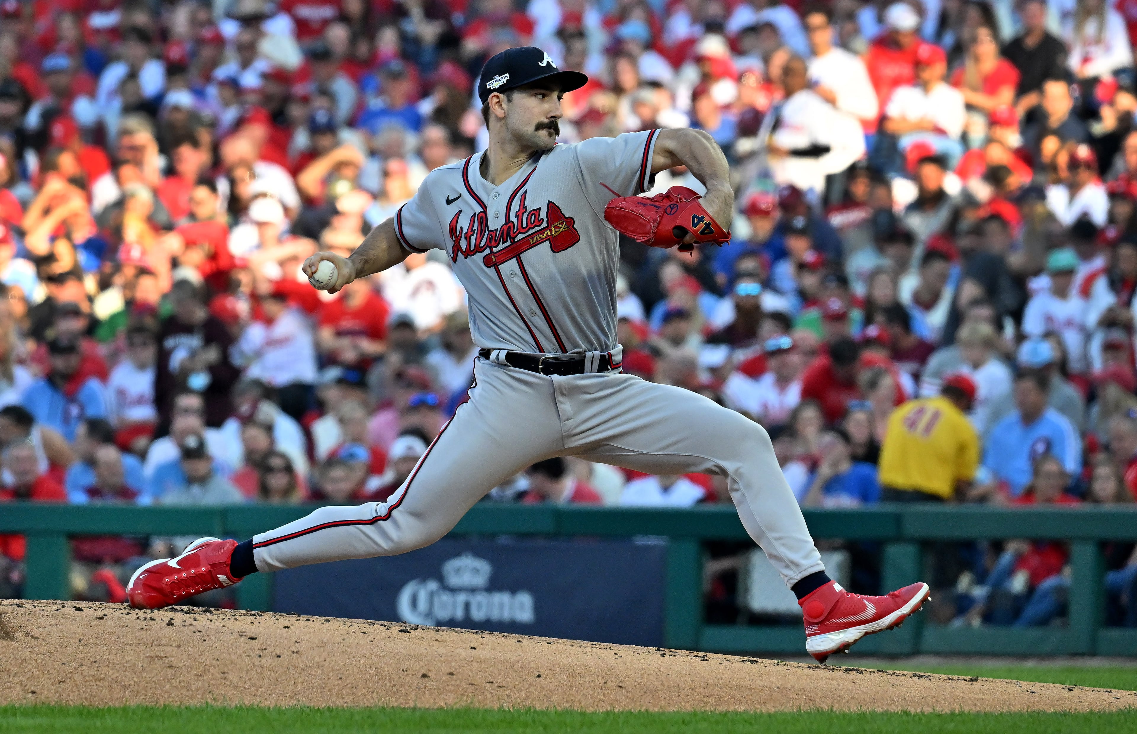 Spencer Strider retired the first six batters that he faced in the first two innings of Friday's Braves-Phillies matchup at Citizens Bank Park in Philadelphia. (Hyosub Shin / Hyosub.Shin@ajc.com)