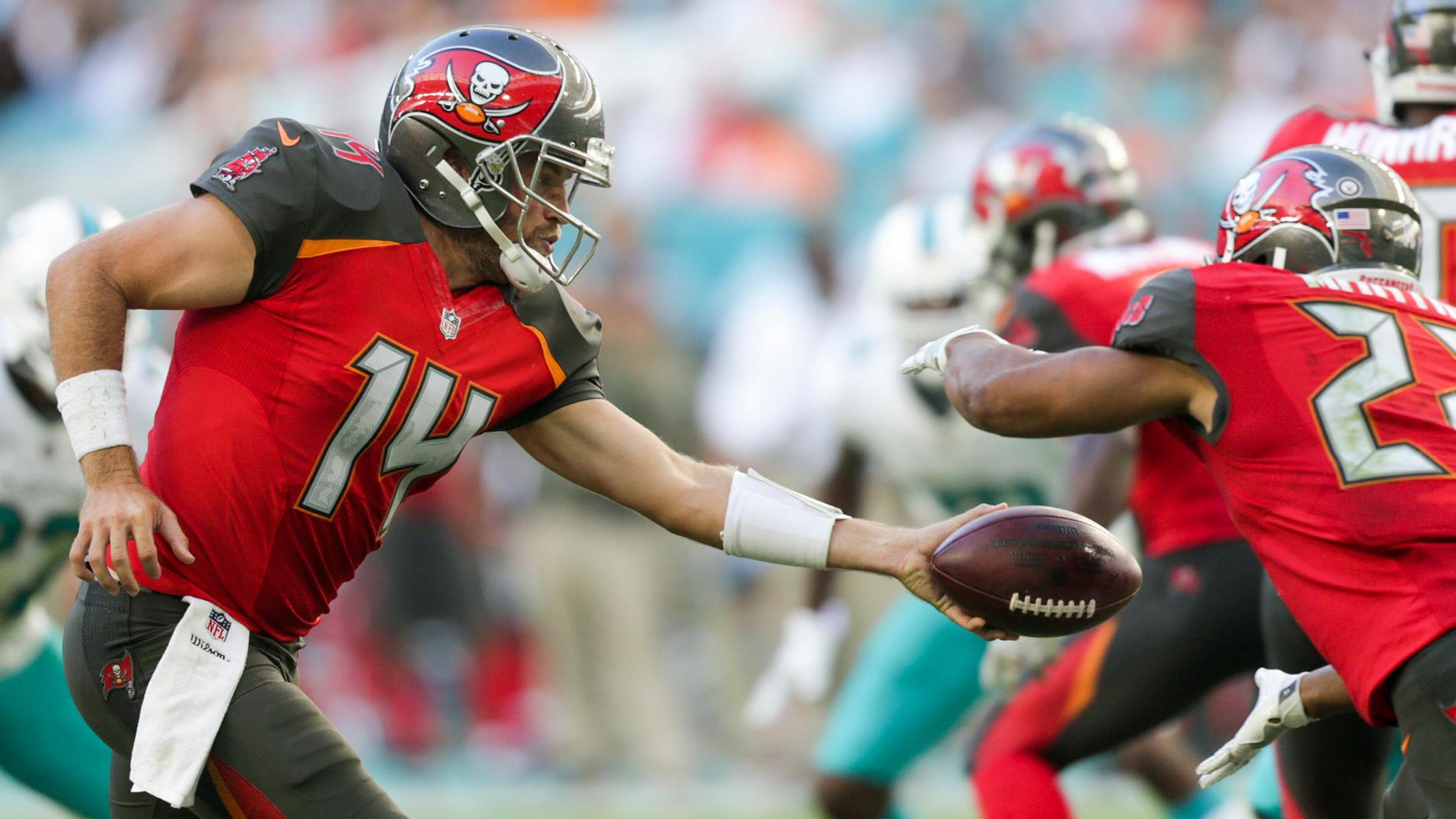 Tampa Bay Buccaneers quarterback Ryan Fitzpatrick (14) hands the ball off to running back Doug Martin (22) during the game between the Tampa Bay Buccaneers and the Miami Dolphins in Hard Rock Stadium in Miami Gardens, Fla., on Sunday, November 19, 2017. Final score, Tampa Bay, 30, Miami, 20. (Andres Leiva / The Palm Beach Post)